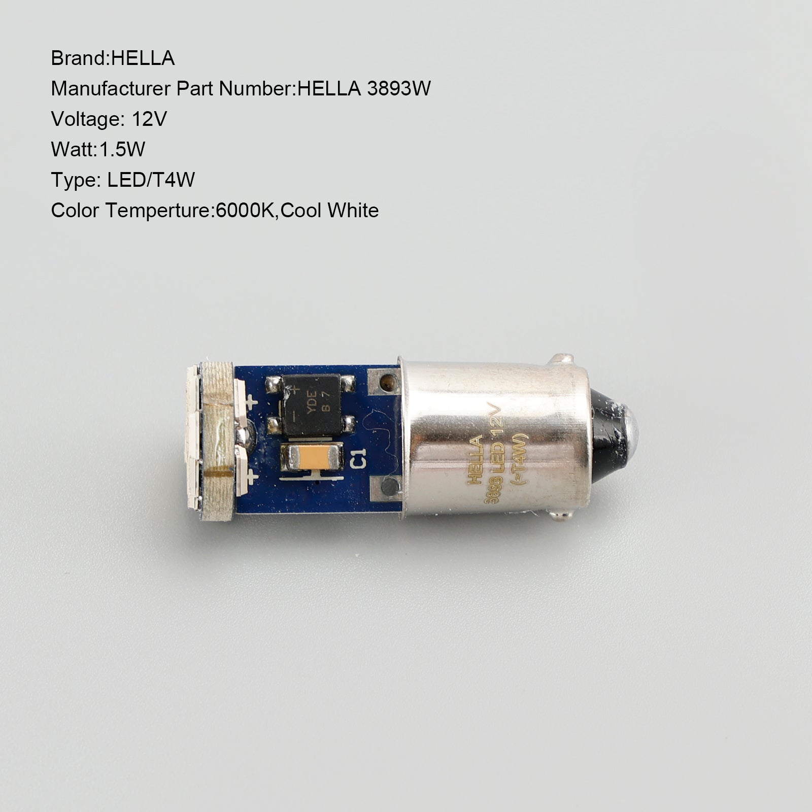 10X HELLA LED Retrofit Bulbs 3893W T4W 12V 1.5W BA9S Base 6000K Cool White - Perfect for Car Interior Lights, Dashboard Illumination, and Marine Applications