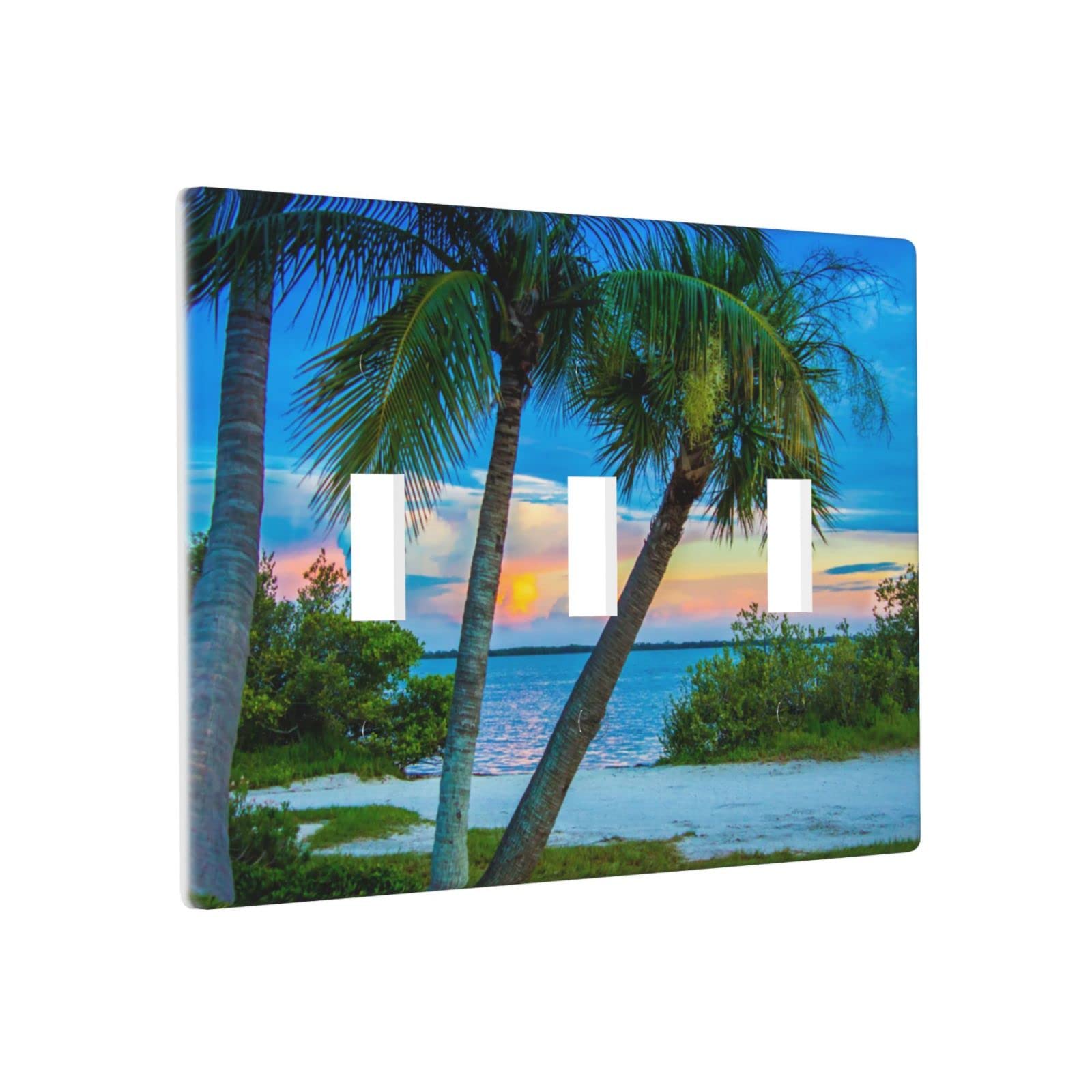 Decorative Beach Ocean Palm Tree Sunrise 3-Gang Toggle Light Switch Cover - Triple Wall Plate for Laundry, Living Room, Bathroom & Bedroom - Coastal Home Decor Accessory for Beach Houses & Tropical Themed Interiors