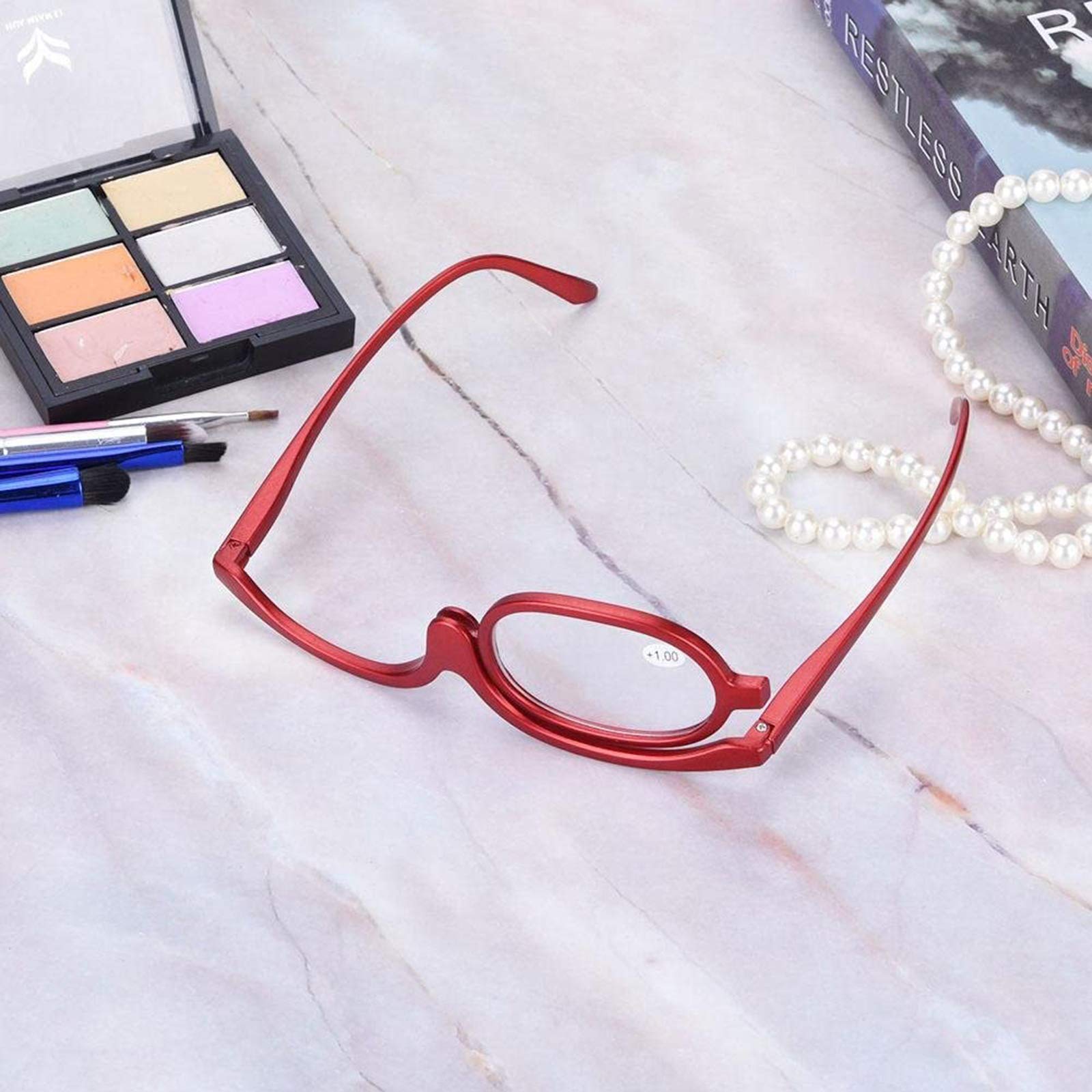 Women's Rotatable Flip Up Magnifying Makeup Glasses with Single Lens (3.0X, Red) - Perfect for Reading, Applying Makeup & Beauty Routines