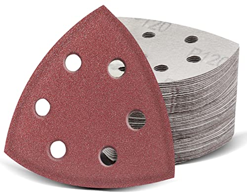 AIRIC 100pcs 3-1/2 Inch Triangular Sanding Pads with 120 Grit, 90mm Hook & Loop Backing - Compatible with 3.5