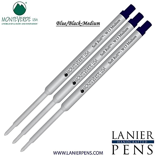 Monteverde Soft Roll Ballpoint Ink Refills 3-Pack - W13 Paste Ink Refill Compatible with Waterman Style Pens - Medium Tip 0.7mm Blue Black - Perfect for Office, School & Everyday Writing