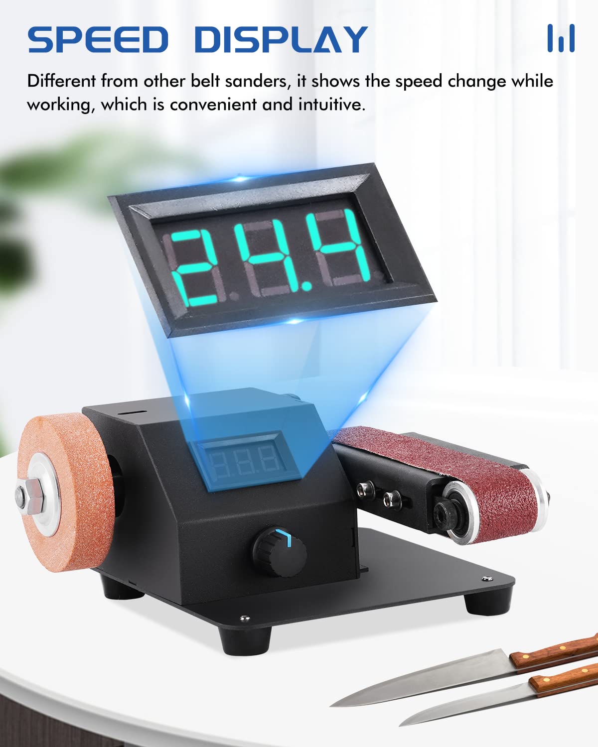 Electric Mini Belt Sander 1.2x15in - Knife Beveling Jig, Wood Metal & Leather Polishing - Professional Knife Sharpening & DIY Craft Tool for Home Workshop & Metalworking Projects