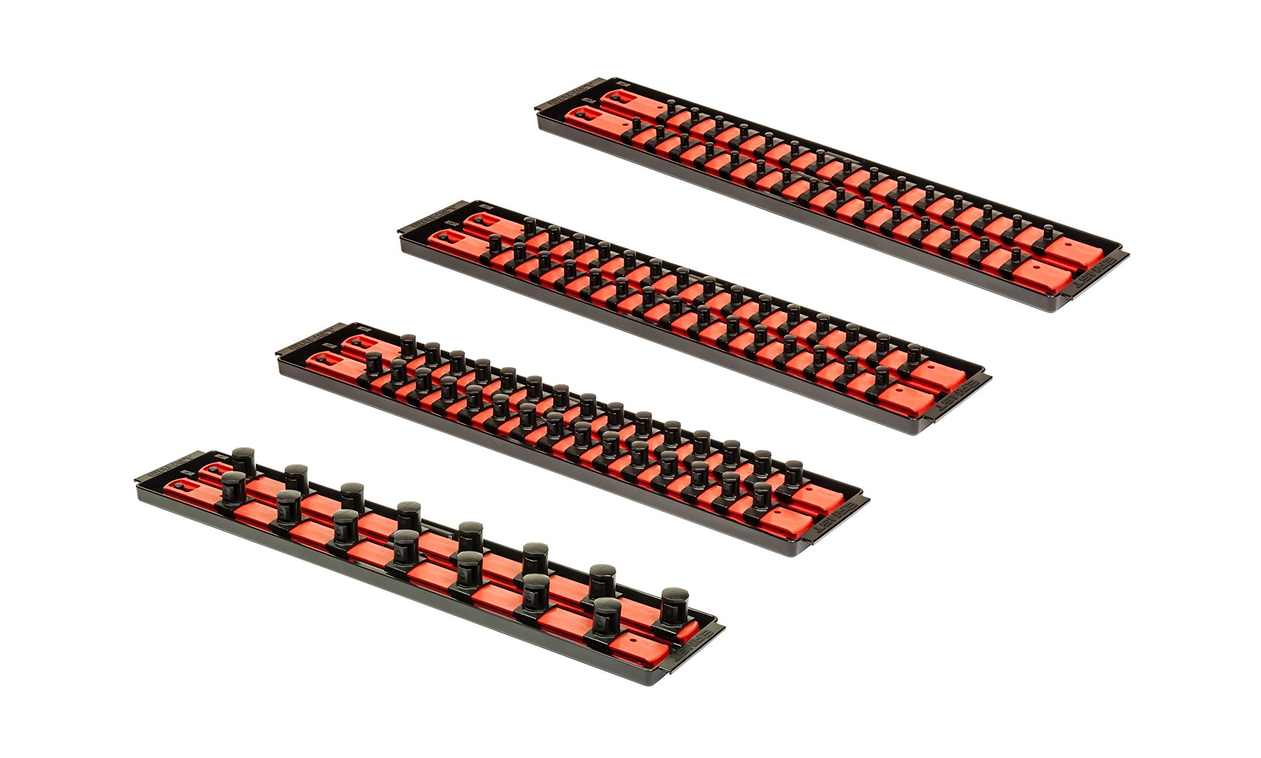 Ernst 8452+8453+8454+8458 Red Socket BOSS High-Density Tool Organizer Tray Set with 8 Rails - Perfect for Mechanics & DIY Auto Repair Workshops