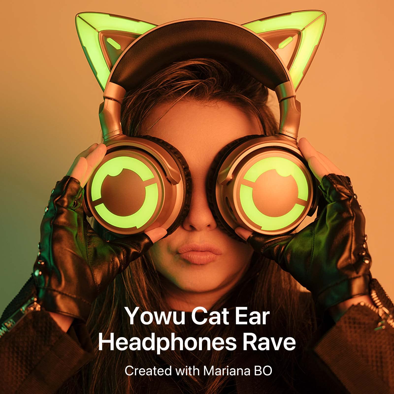 YOWU Cat Ear Headphones DJ - RGB Wireless & Wired Gaming Headset with Mic for PC/PS4/PS5/XBOX/Switch - Customizable Lighting Effects for Gamers (Gold) - Perfect for Gaming, Streaming, and Cosplay Events