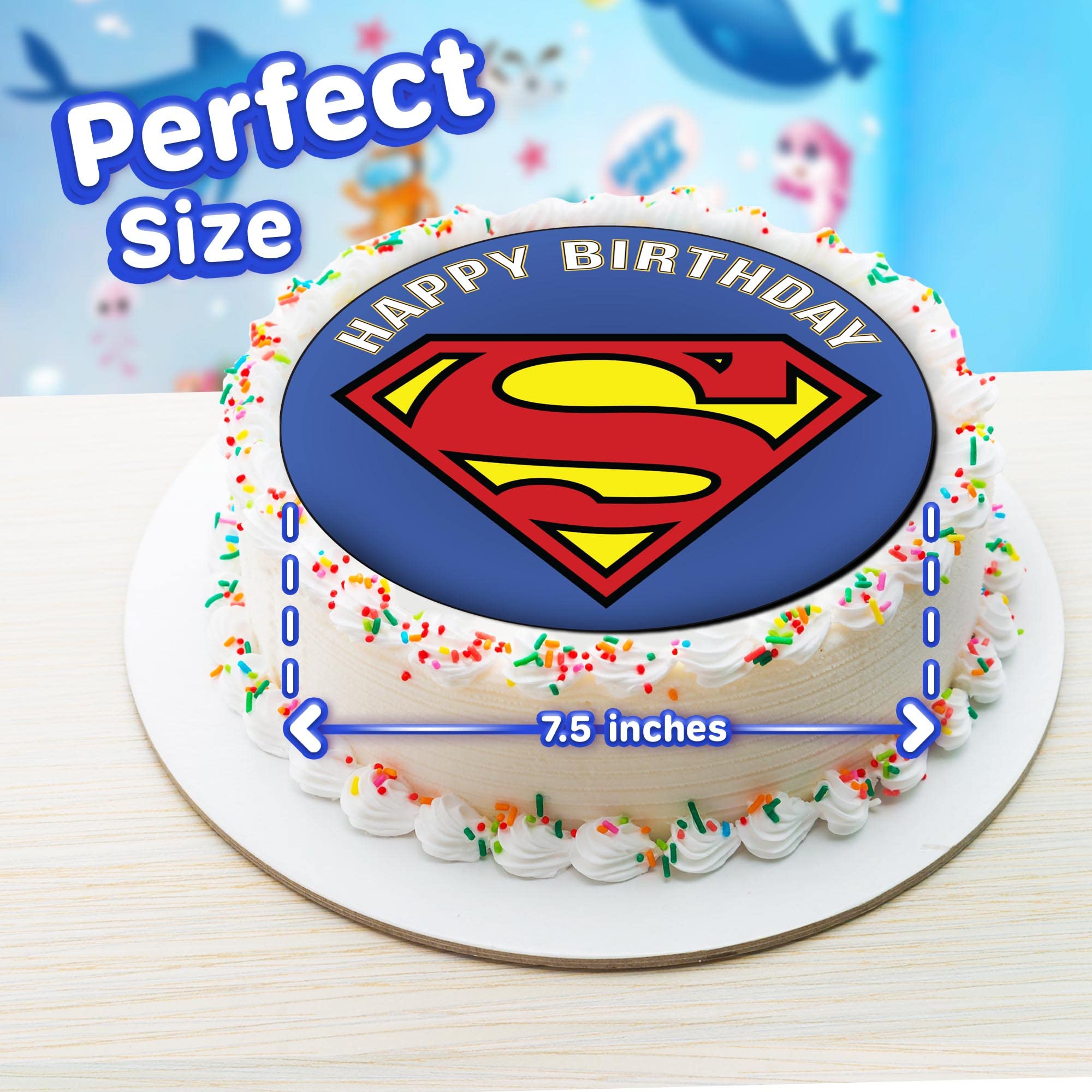 Superman Classic Logo Edible Cake Toppers - 7.5 Inch Birthday Party Decorations for Cakes, Cupcakes & Desserts | Superhero Theme Party Supplies for Kids & Adults