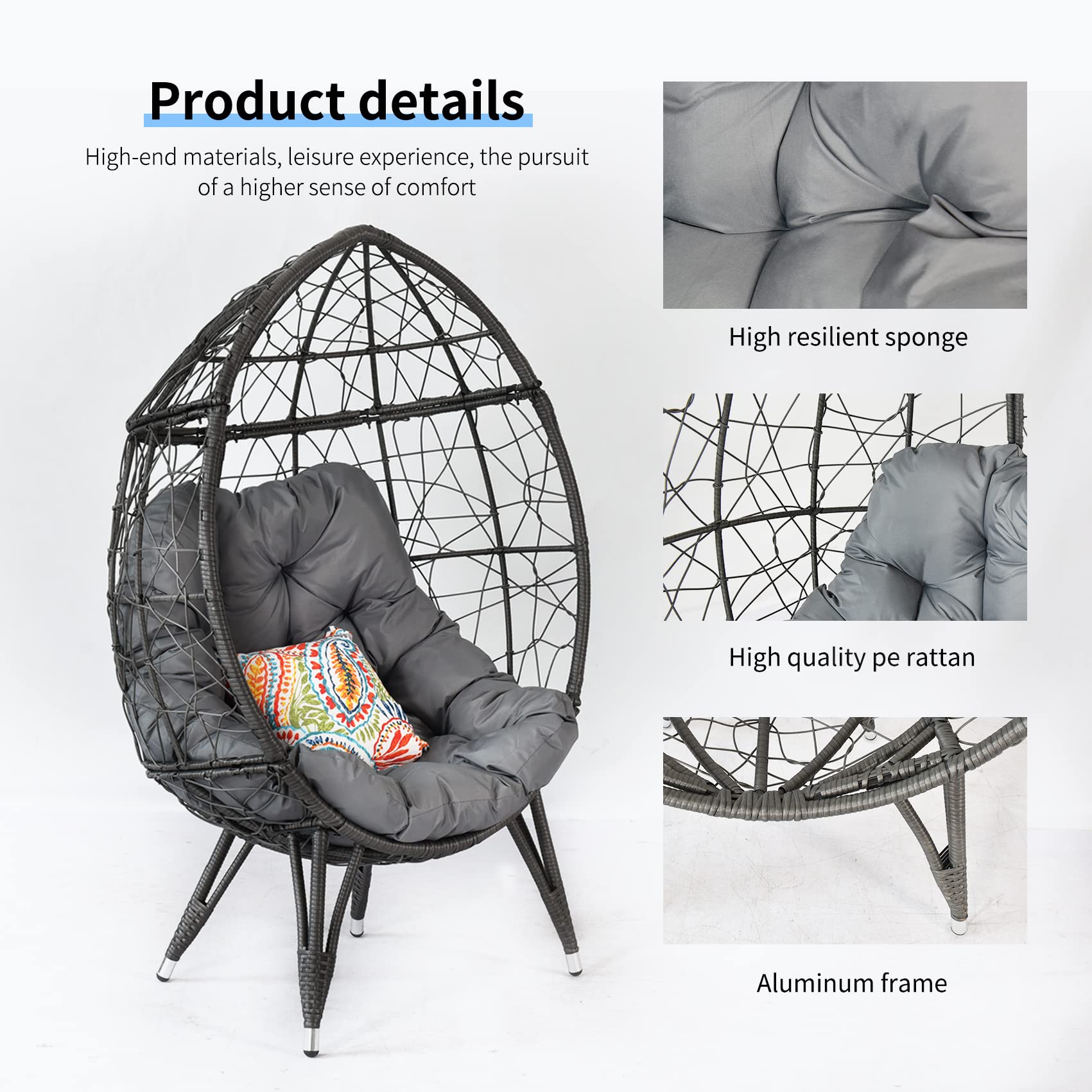 Oversized Wicker Egg Chair with Stand - 410 lbs Capacity Indoor/Outdoor Rattan Hanging Chair for Patio, Backyard, Balcony & Bedroom - Includes 4'' Cushion (Gray) - Perfect for Relaxing, Reading & Lounging