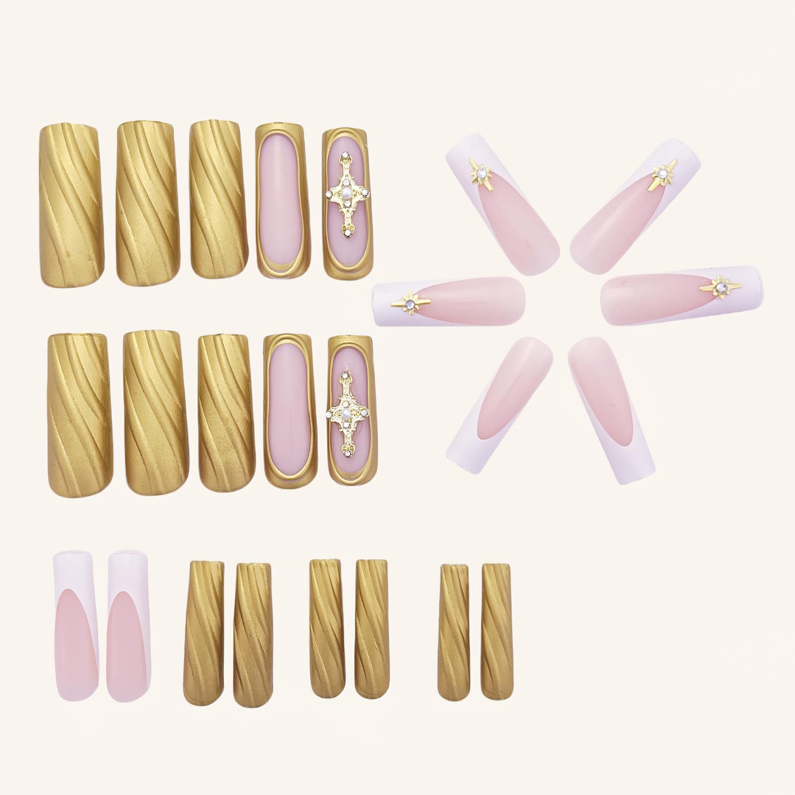 Luxury French Tip Press on Nails - Long Square Glossy Gold Acrylic Fake Nails with 3D Relief Design & Star Charms - 24Pcs Coffin False Nails for Women & Girls - Perfect for Parties, Weddings, and Special Occasions