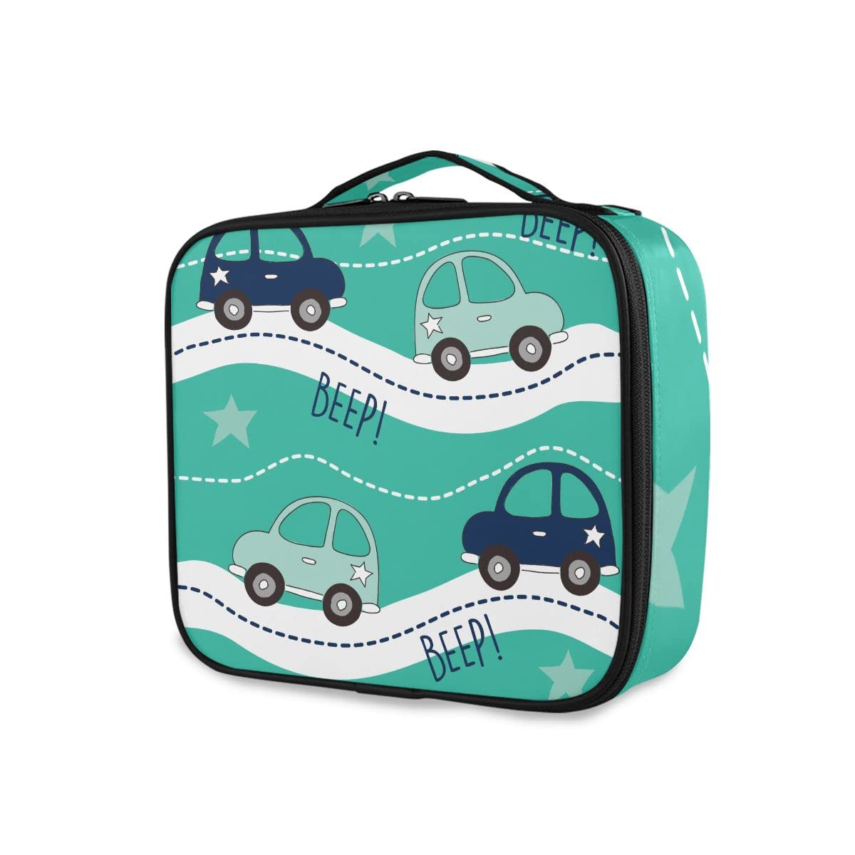 Easter Egg Pattern Makeup Train Case - Portable Cosmetic & Toiletry Travel Bag with Dividers for Women & Teen Girls - Perfect for Travel, Vacation, and Daily Storage (Cars & Roads Design)