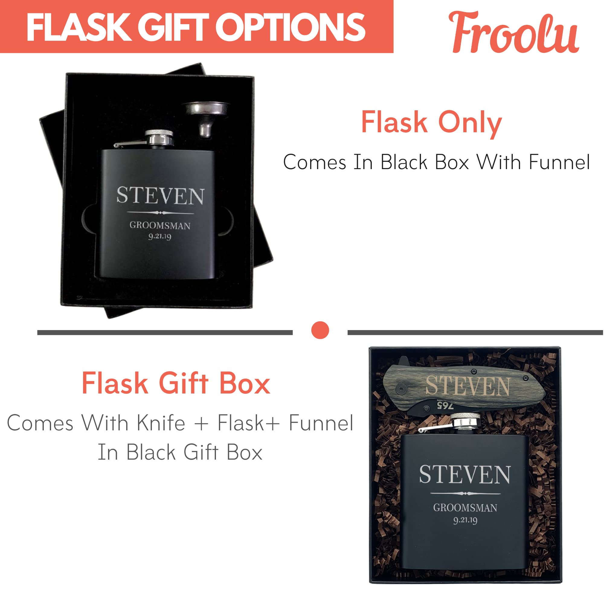 Premium Personalized Groomsman Gifts Set of 6 - Custom Engraved Flask with 9 Design Options - Best Man & Wedding Party Favors - Perfect for Proposals, Bachelor Parties & Thank You Gifts - by Froolu