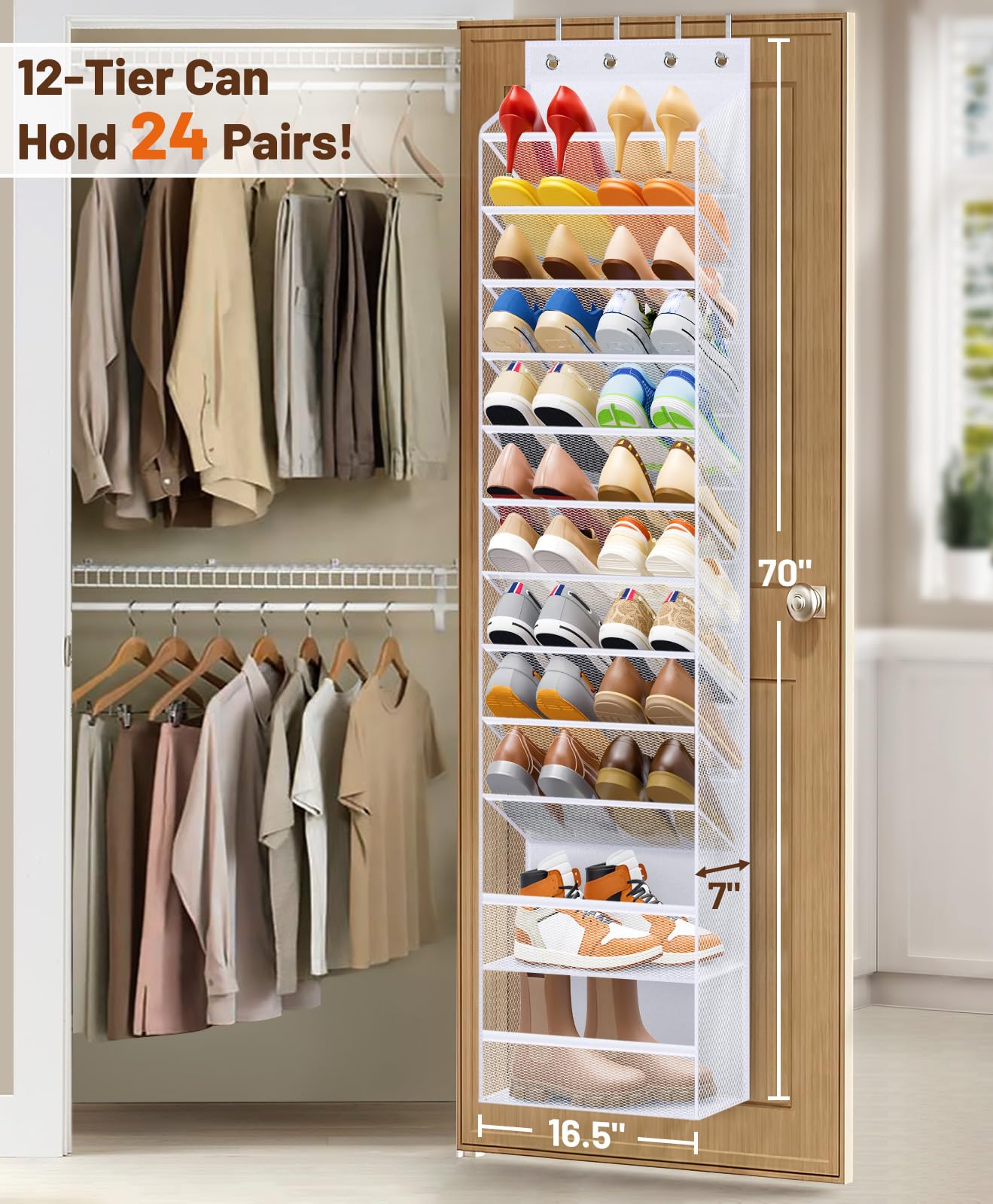 12-Tier Over The Door Shoe Organizer - Hanging Shoe Rack for Closet Storage - Holds 24 Pairs of Shoes Including Sneakers, Sandals, Heels & Boots - Space Saving Solution for Bedroom, Dorm & Entryway (White)