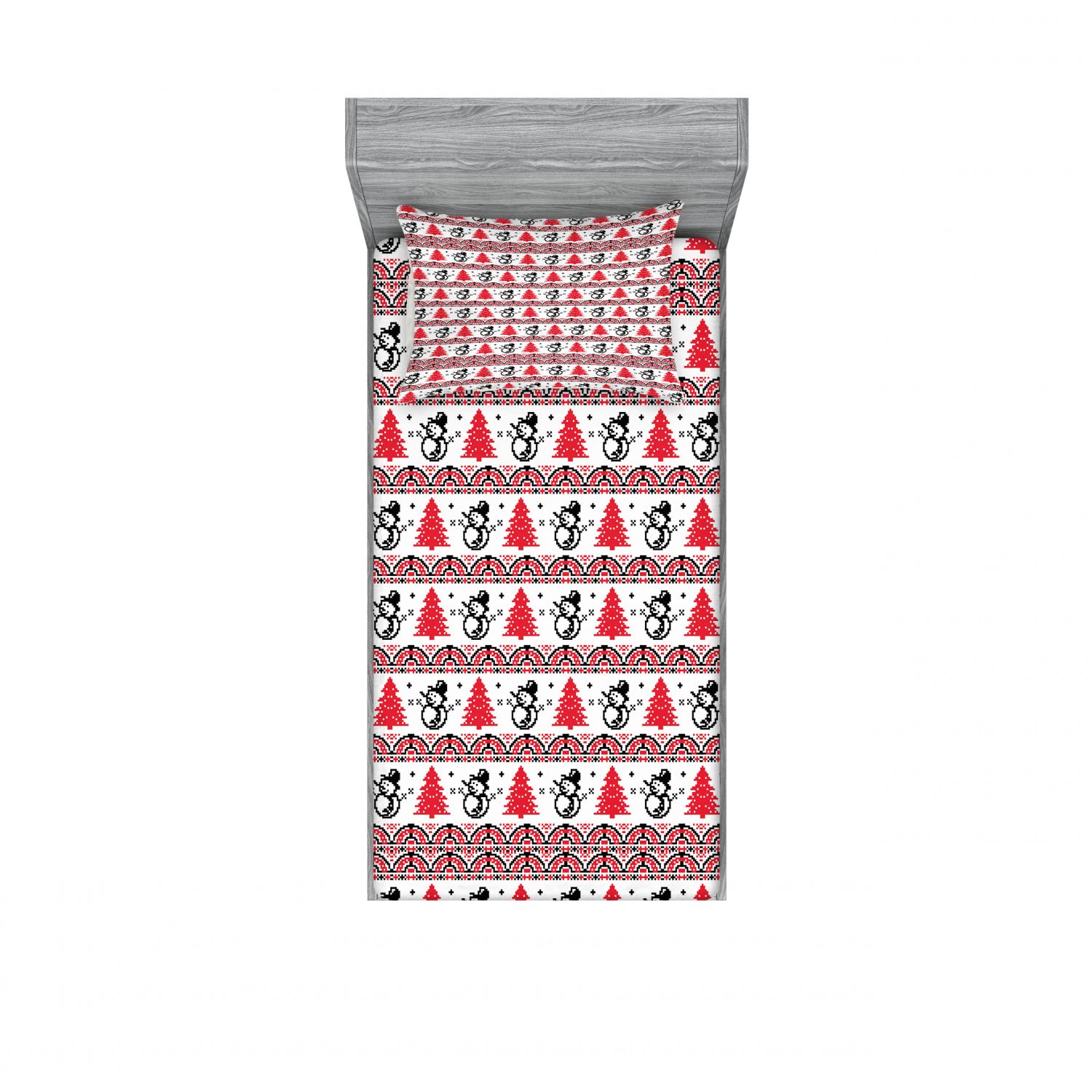 Ambesonne Christmas 2-Pack Twin XL Fitted Sheets & Pillow Sham Set - Nordic Pixel Pattern Red Black White 4-Piece Bedding Decor | Holiday Home Decor for Guest Rooms, Dorms & Seasonal Bedroom Styling