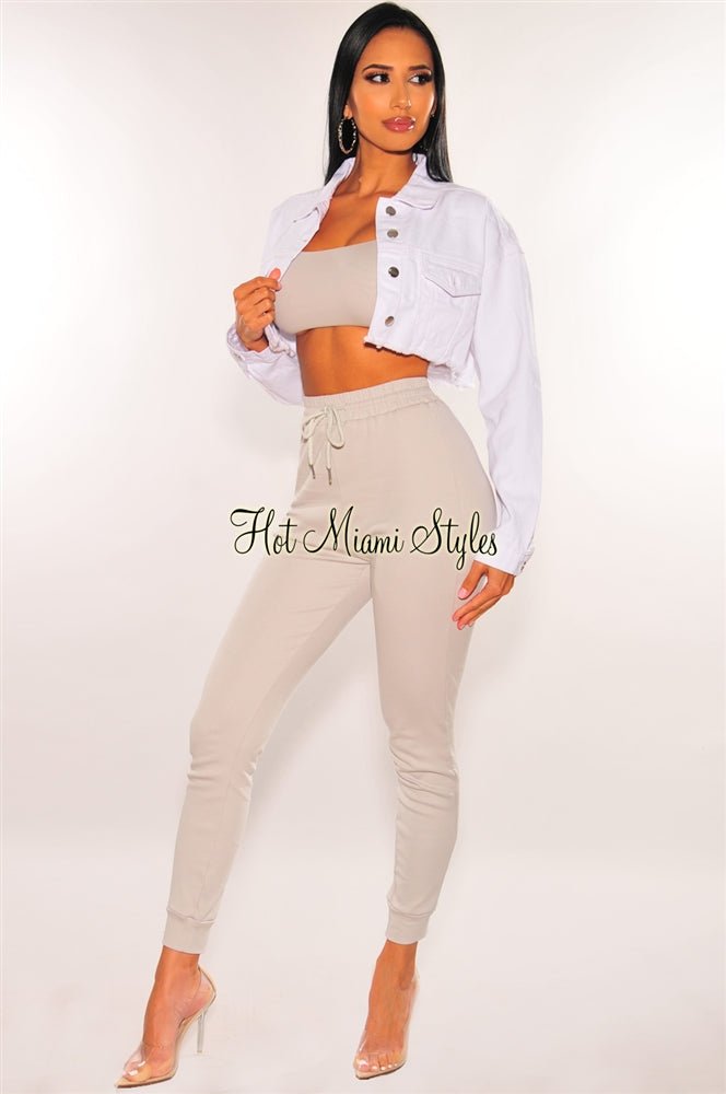White Distressed Denim Long Sleeve Cropped Jacket for Women - Vintage Style Overshirt for Casual Outfits & Streetwear Fashion