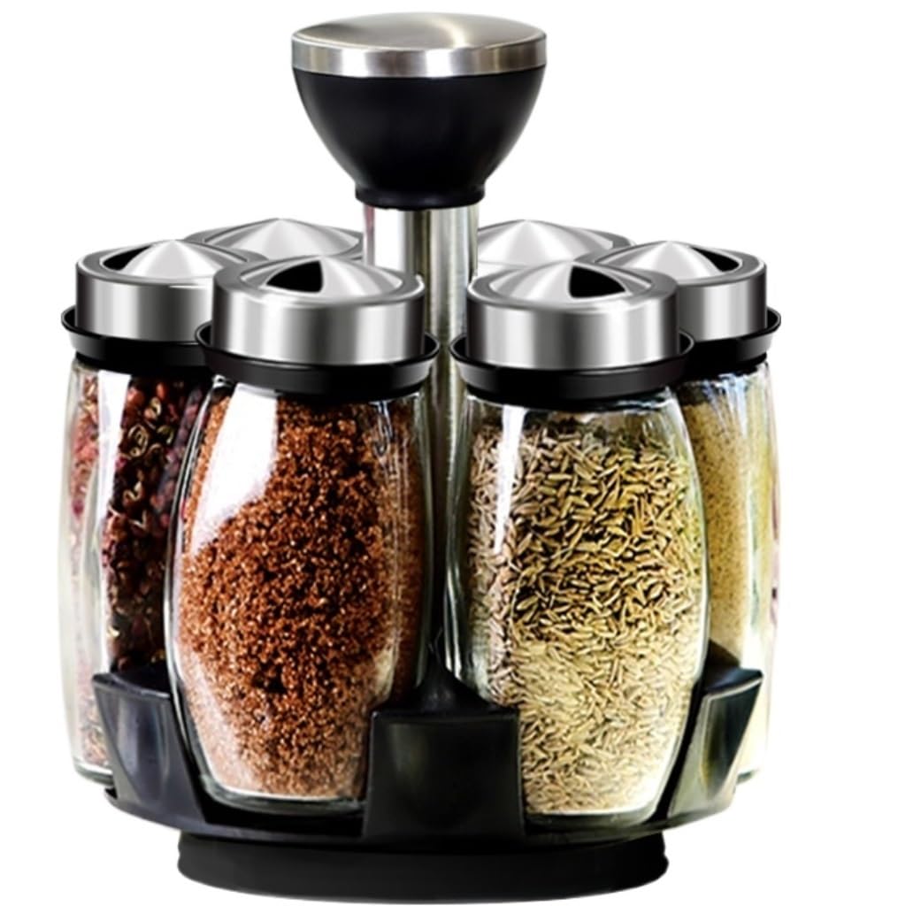 7-Piece Glass Spice Jar Set with Rotary Lid - Airtight Seasoning Containers for Salt, Sugar & Spices - Perfect for Kitchen Organization & Cooking Essentials Storage