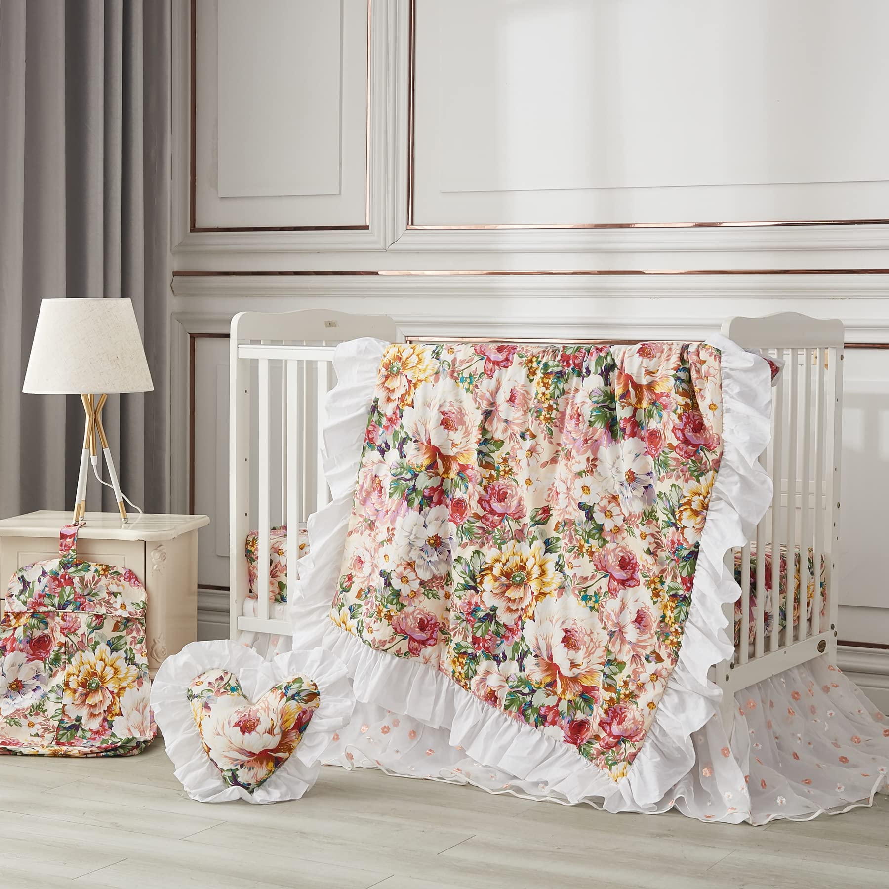 Brandream 3-Piece Baby Crib Bedding Set for Girls - Soft Cotton Nursery Bedding with Floral Comforter, Fitted Crib Sheet & Lace Bed Skirt - Blush Pink Shimmering Floral Design | Perfect for Newborn Nursery, Baby Shower Gift & Toddler Bedroom Decor