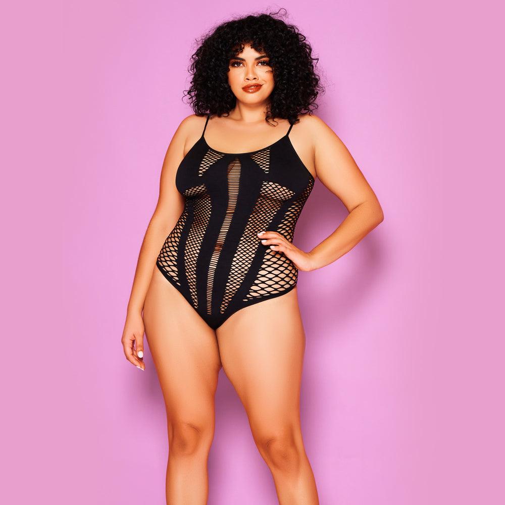 Glitter Attention Lover Seamless Fishnet Panel Teddy for Curvy Women - Perfect for Valentine's Day, Boudoir Photography & Sensual Lingerie Looks