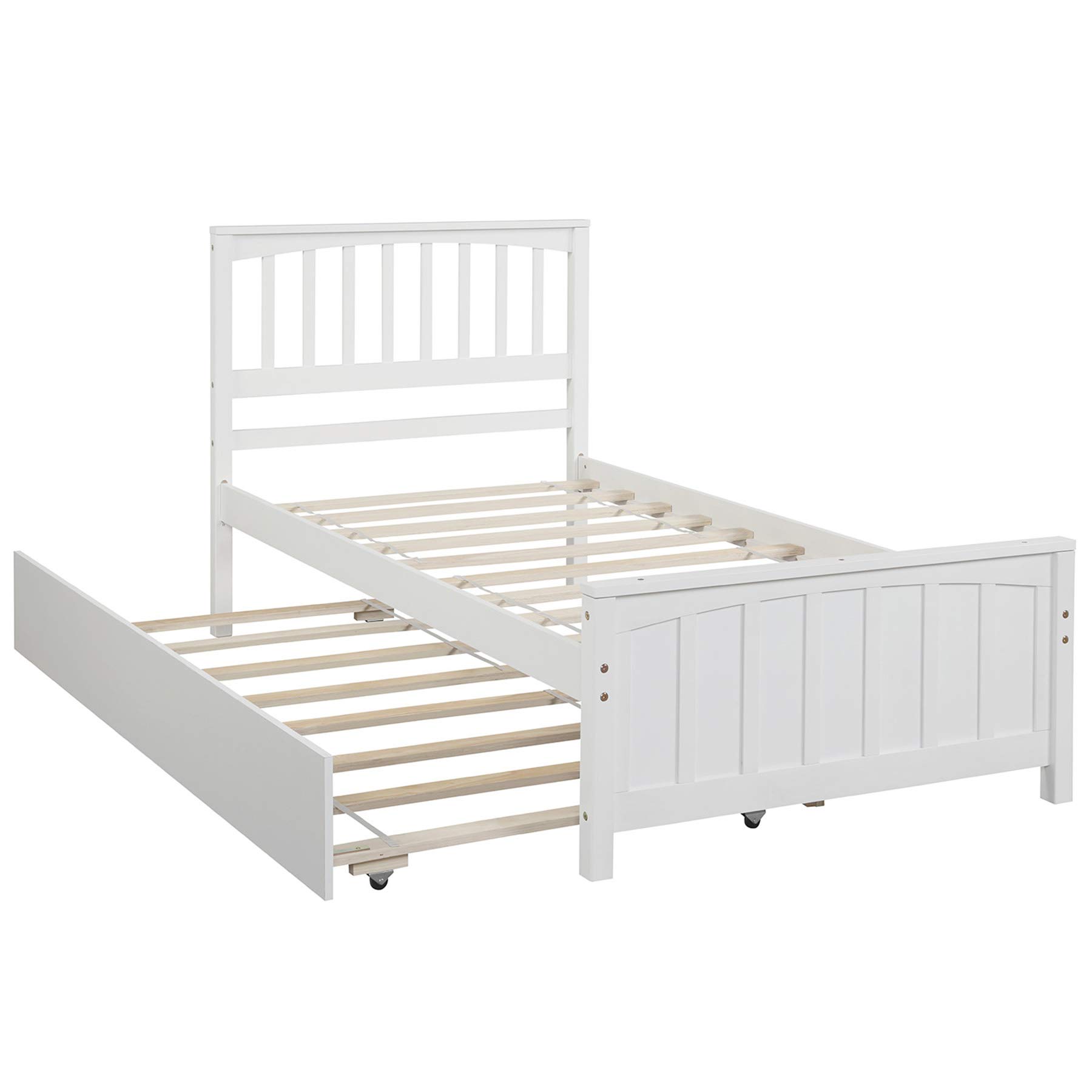 P PURLOVE Twin Size Wood Platform Bed Frame with Trundle - No Box Spring Needed, White - Perfect for Kids' Rooms, Guest Bedrooms & Small Spaces
