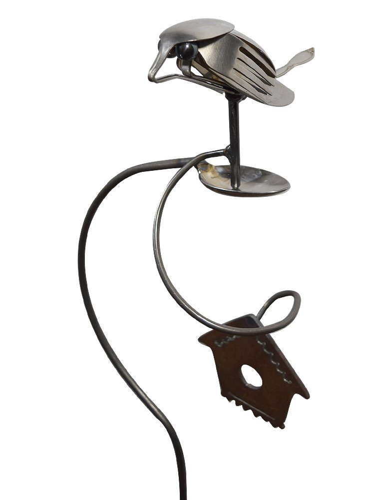 American Made Flatware Finch Balancing Garden Stake - Upcycled Utensil Sculpture for Outdoor Decor and Bird Watching