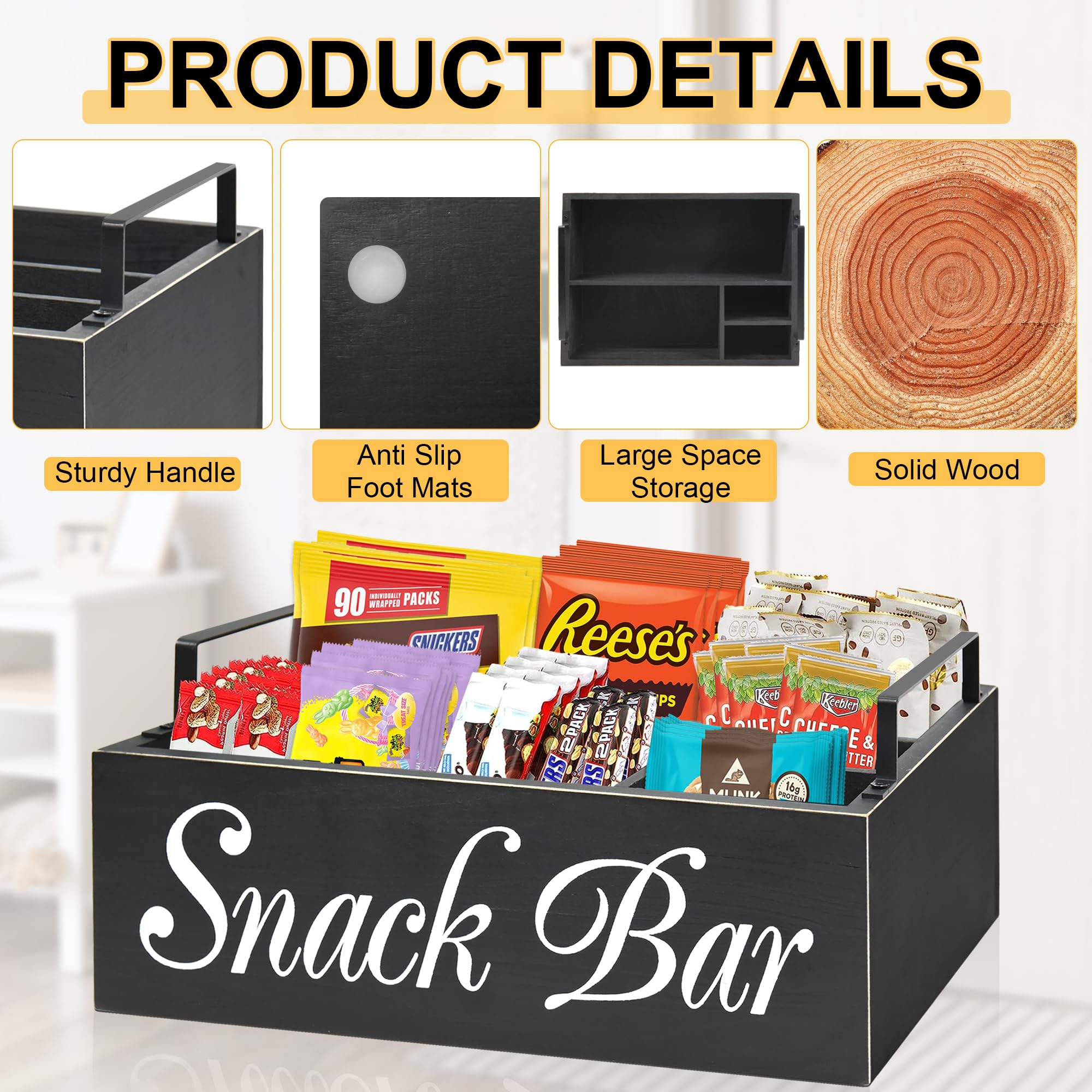 Wooden Snack Organizer with Handles - Rustic Countertop & Pantry Storage Bin for Chips, Candy, Nuts - Perfect for Kitchen Cabinets, Snack Bars & TV Time Organization