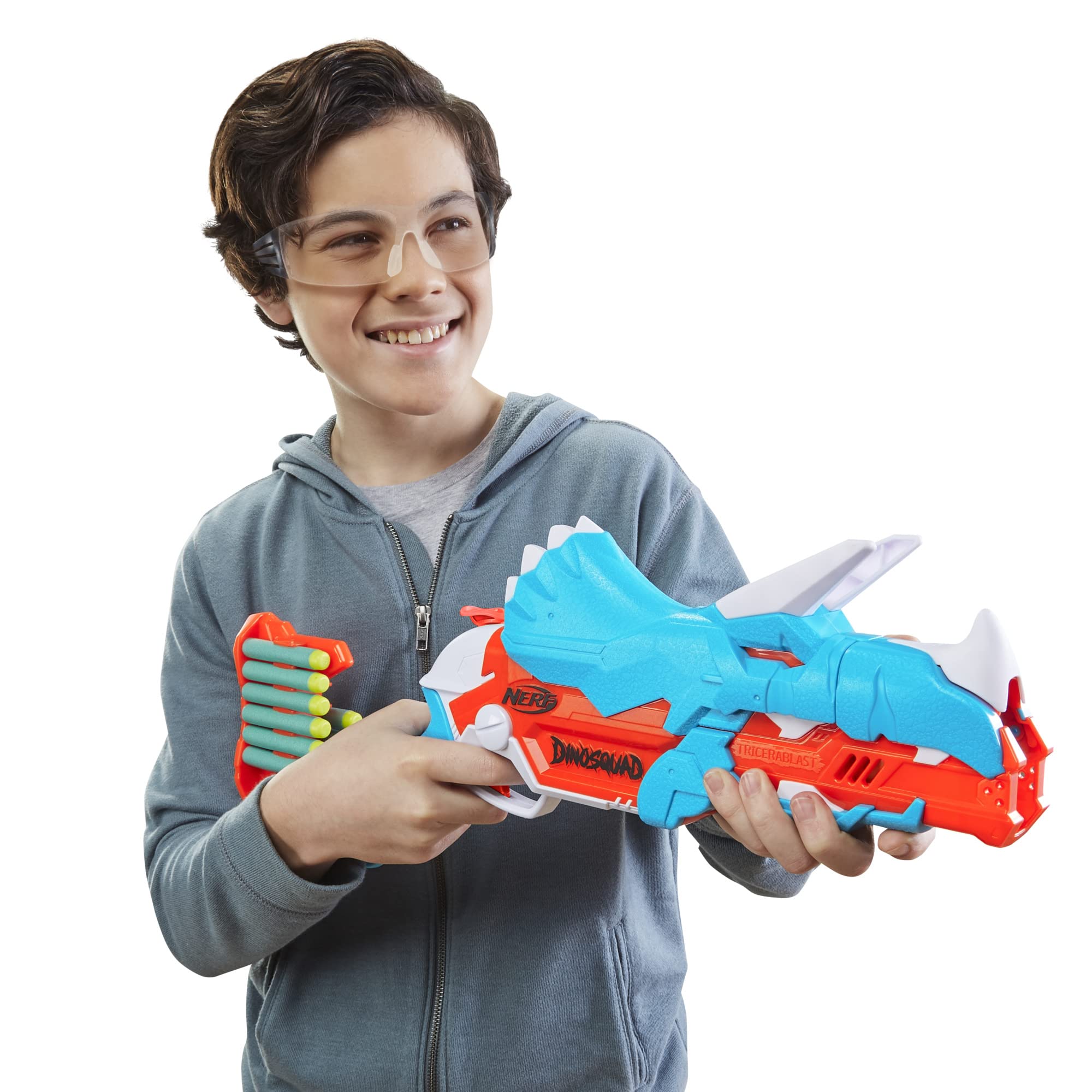 Nerf DinoSquad Tricera-Blast Dart Blaster with 12 Elite Darts - Outdoor Toy for Kids Ages 8+ - Dinosaur-Themed Foam Blaster for Boys and Girls - Perfect for Backyard Battles and Pretend Play