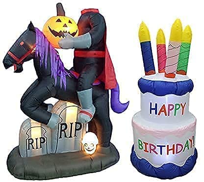 6.5FT Inflatable Headless Horseman with Pumpkin Tombstone & 6FT Happy Birthday Cake Blowup Decorations - Halloween & Birthday Party Bundle for Outdoor Yard, Home, and Event Decor