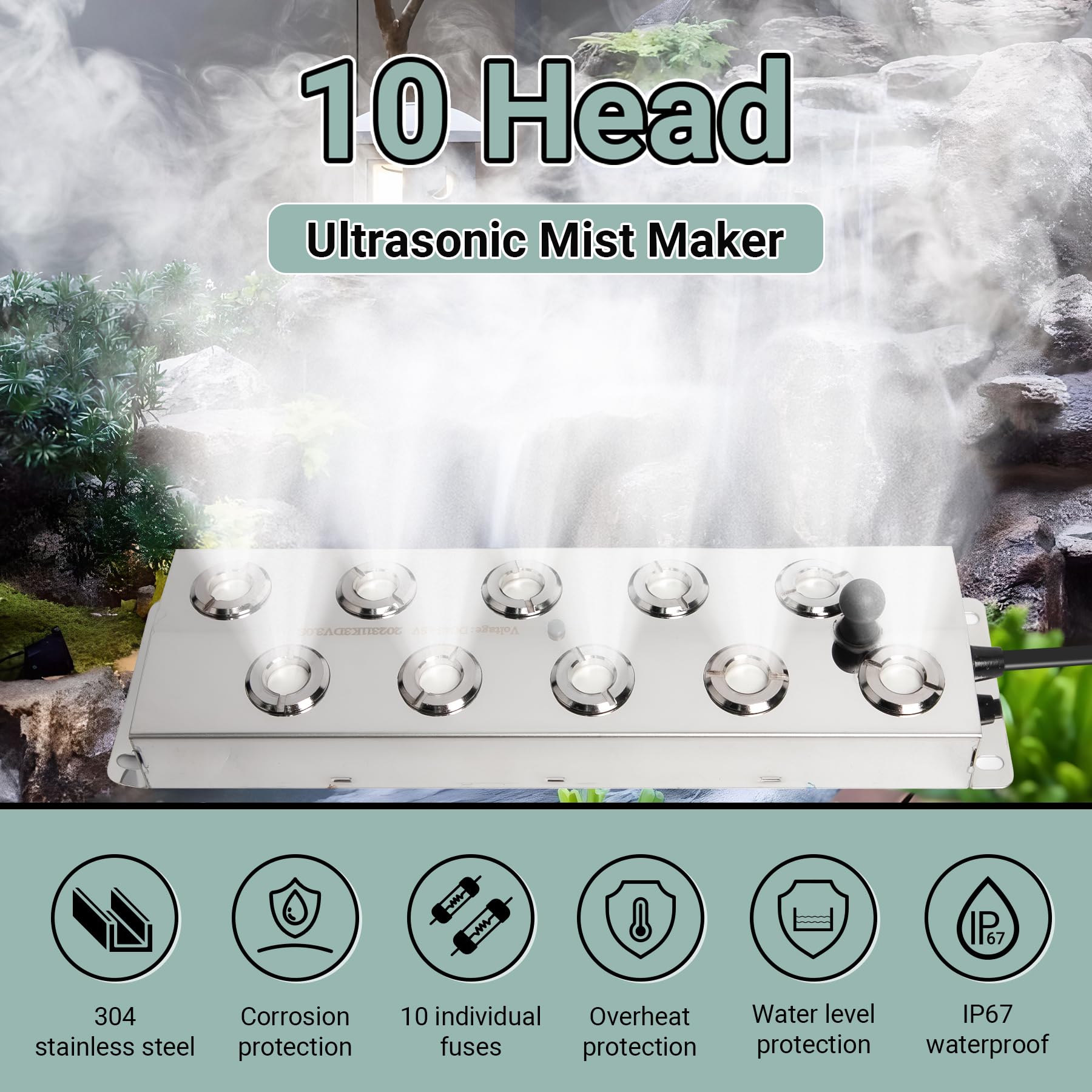 10-Head Ultrasonic Fogger with Float - 7000ml/H High Output Mist Maker, 350W Waterproof Power Supply - Ideal for Ponds, Greenhouses, Rock Gardens & Halloween Decorations (Creates Mystical Atmosphere for Parties & Events)
