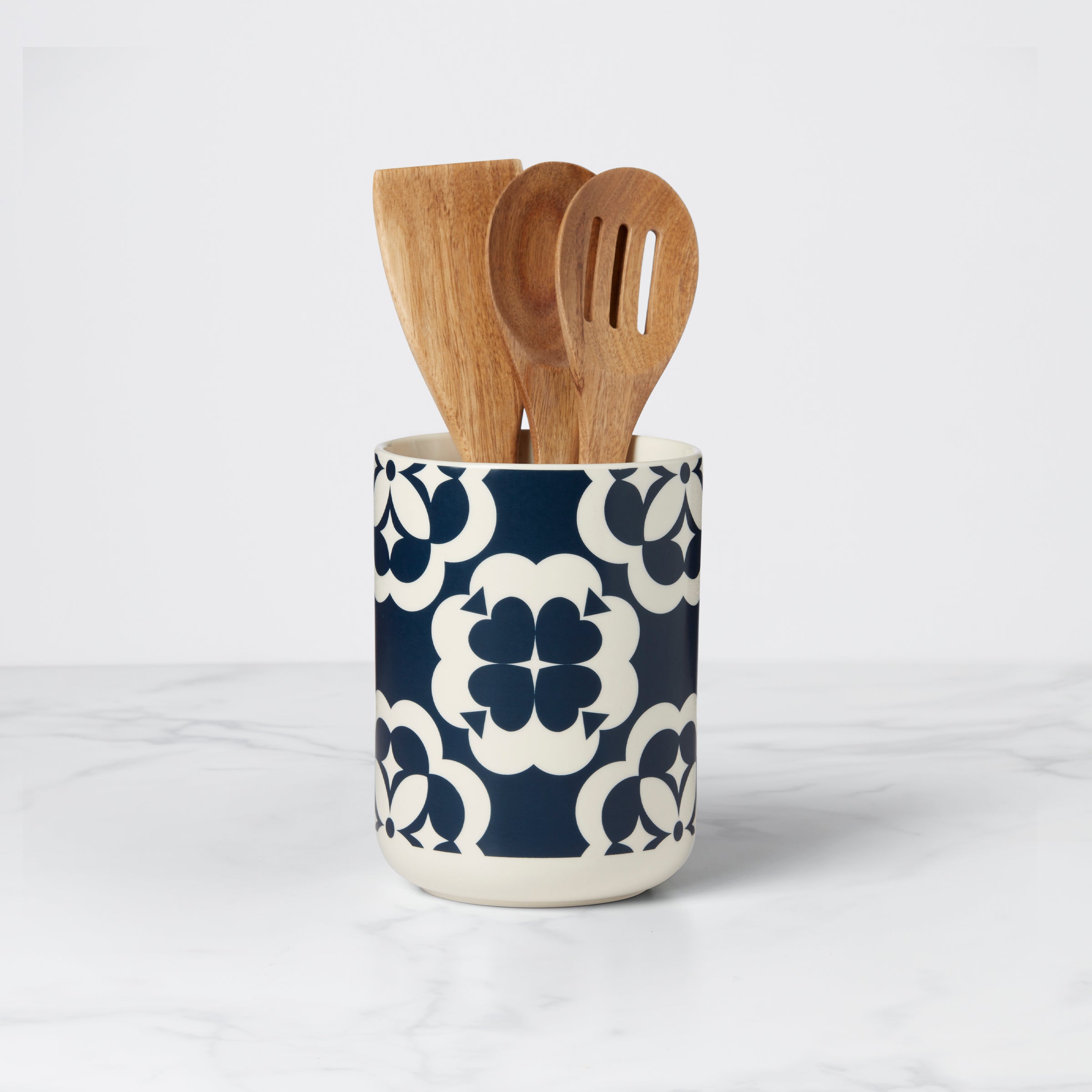 Elegant GEO Utensil Crock with Wooden Utensils - Stylish Kitchen Countertop Organizer for Spoons, Spatulas & Cooking Tools
