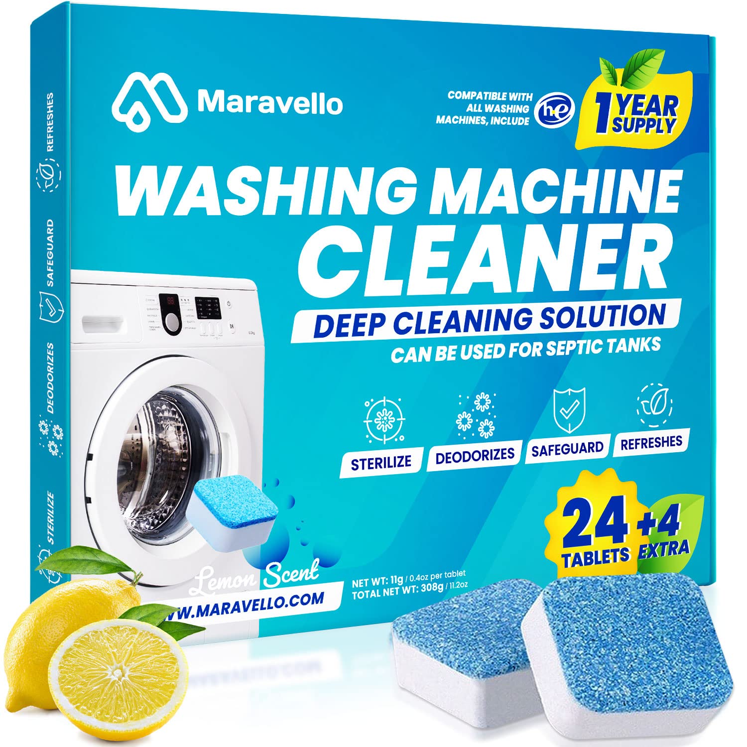 Maravello Washing Machine Cleaner & Descaler - Lemon Scent (28 Count) | Removes Odor, Limescale & Buildup | For Top & Front Load Washers - Keep Your Laundry Fresh & Clean