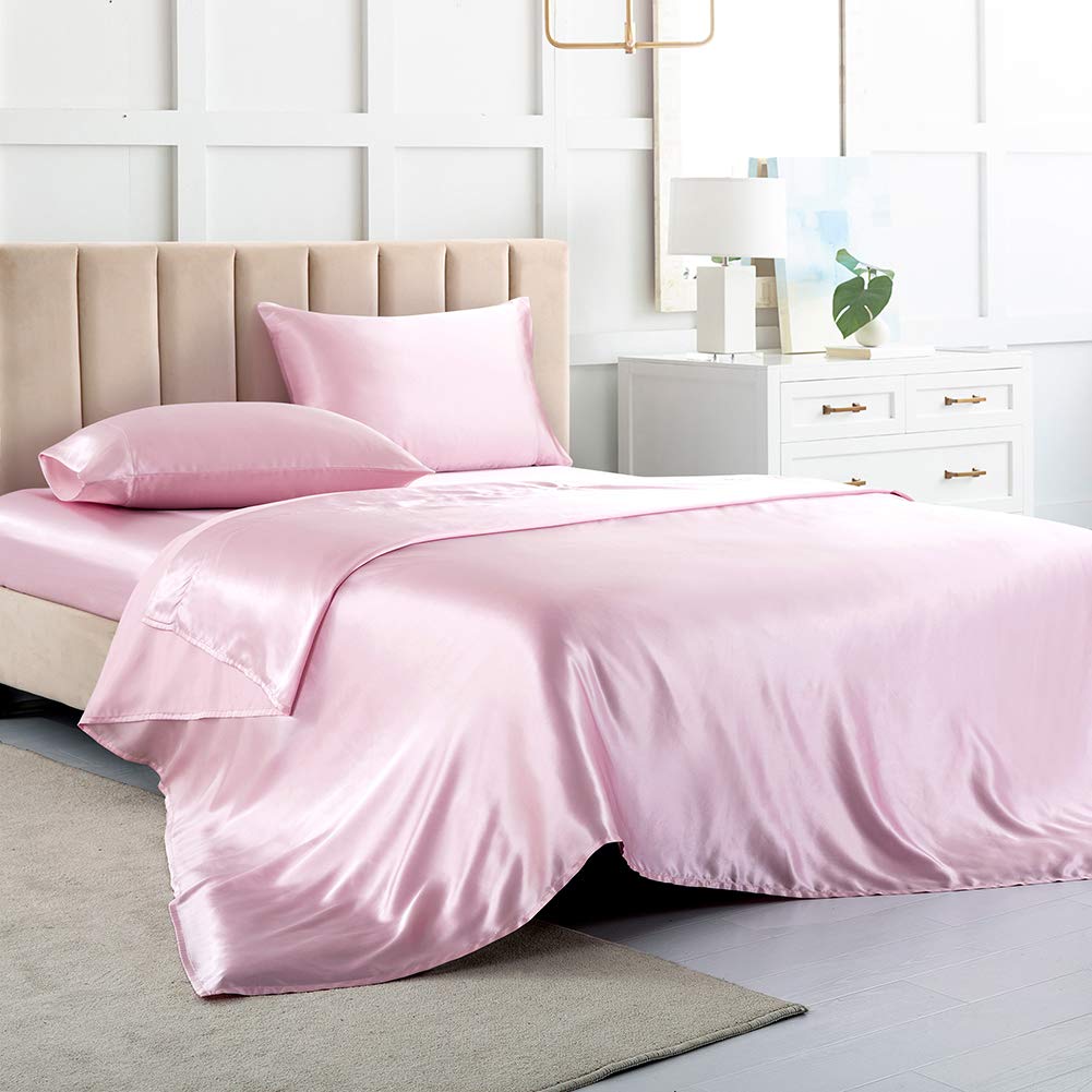 Luxury Satin Bed Sheets King Size - 4 Piece Soft Bedding Set with Deep Pocket (1 Fitted Sheet, 1 Flat Sheet, 2 Pillowcases) - Pink Silk Sheets for Elegant Bedroom Decor & Comfortable Sleep