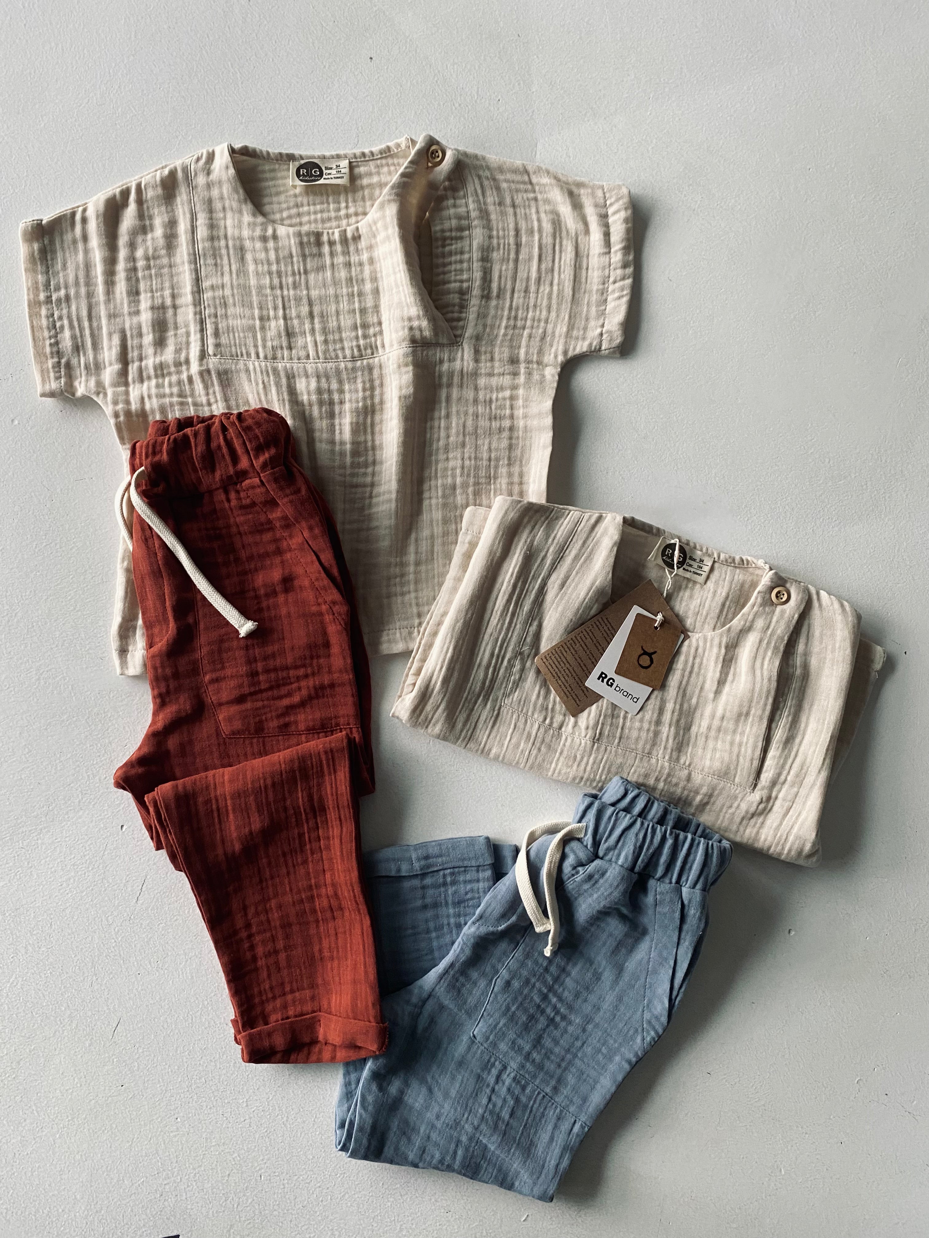 Muslin Fabric Summer Kids Outfit Set | Shirt + Pants for Boys & Girls | Ages 3-9 | Perfect for Beach, Vacation & Casual Play
