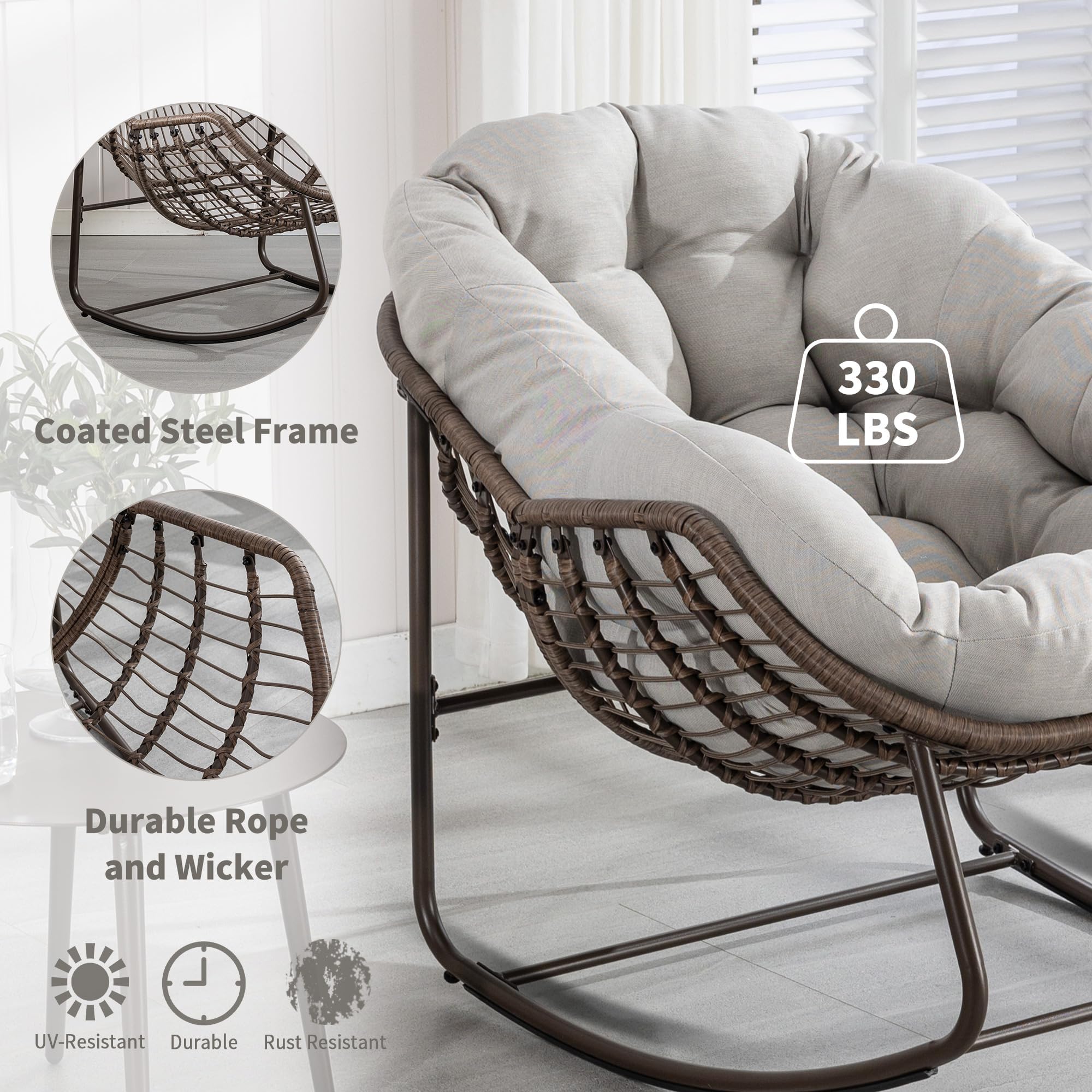 Oversized Wicker Papasan Glider Rocking Chair - Comfortable Patio Rocker Recliner for Living Room, Nursery, Bedroom, Front Porch & Lawn - Perfect for Relaxing, Reading & Lounging (Beige, 1 Chair)