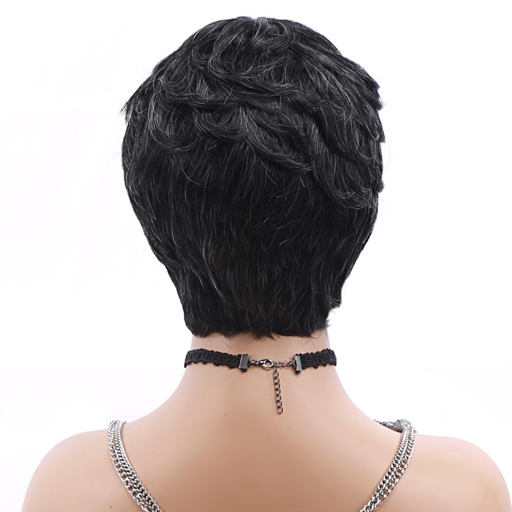 Short Pixie Wigs for Women - Black & Gray Synthetic Curly Hair Wig | Fashionable Full Wig Replacement for Everyday Wear & Cosplay | Perfect for Parties, Halloween & Costume Events