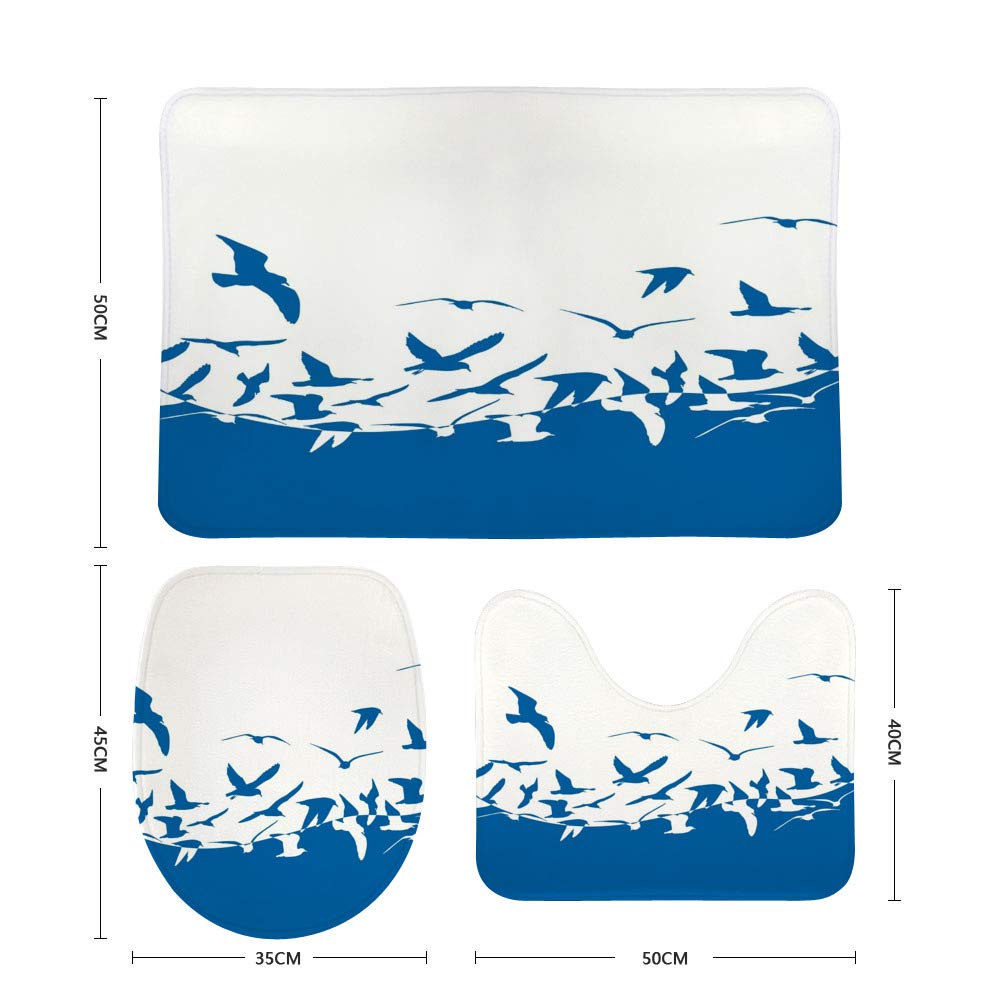 Non-Slip 3-Piece Bathroom Rug Set - Soft Coral Fleece Contour Toilet Mat, Lid Cover & Shower Mat with Seagull Silhouette Design | Water Absorbent Bath Mats for Modern Bathrooms, Perfect for Home & Guest Bath Decor