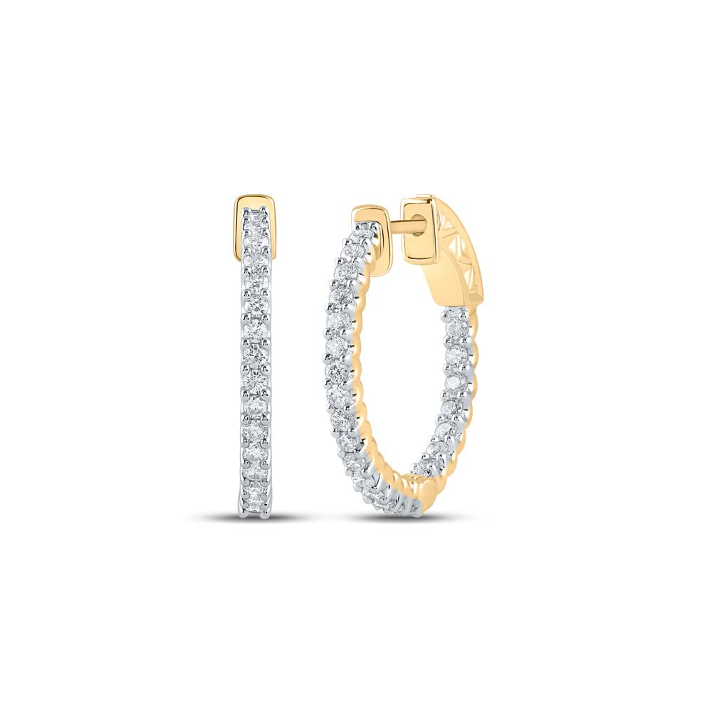 14Kt Yellow Gold Women's Round Diamond In-Out Hoop Earrings 1 Cttw - Elegant Jewelry for Everyday Wear & Special Occasions