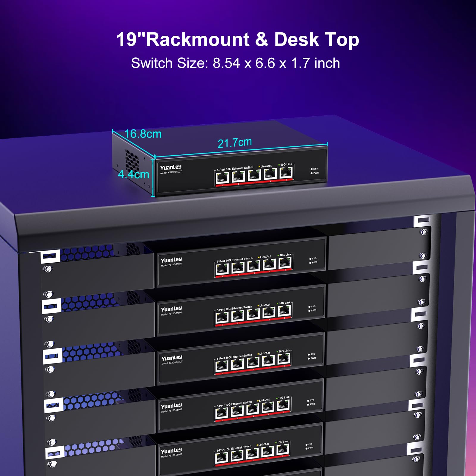 YuanLey 5-Port 10G Ethernet Switch with 5 x 10Gbps RJ45 Ports | 10G/5G/2.5G/1G/100Mbps Auto-Negotiation | 100Gbps Switching Capacity | Unmanaged Plug & Play Rackmount Network Switch for Home Office, Data Center & Gaming Setup
