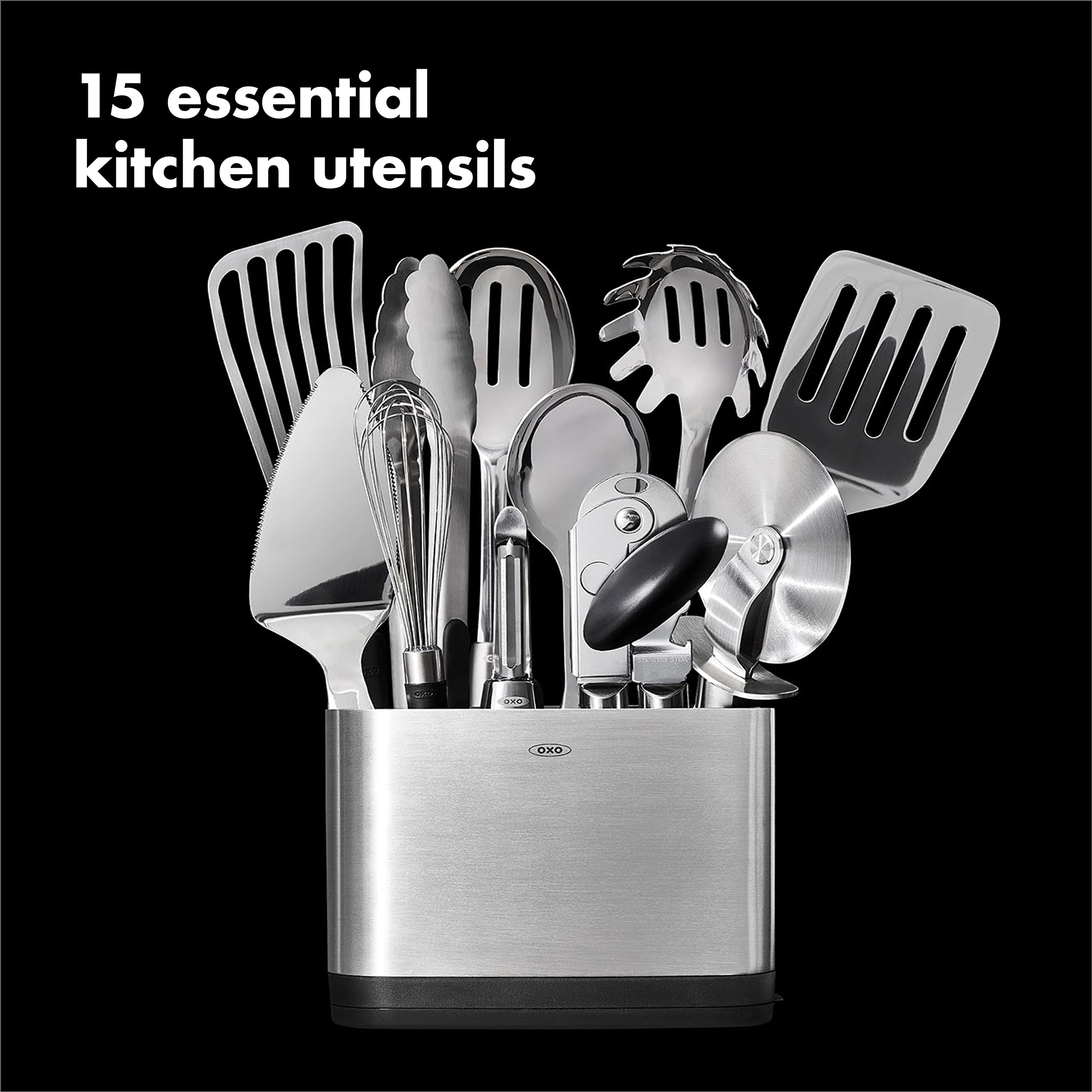 OXO 15-Piece Stainless Steel Utensil Set - Durable Kitchen Tools for Cooking, Baking & Serving - Perfect for Home Chefs & Professional Kitchens