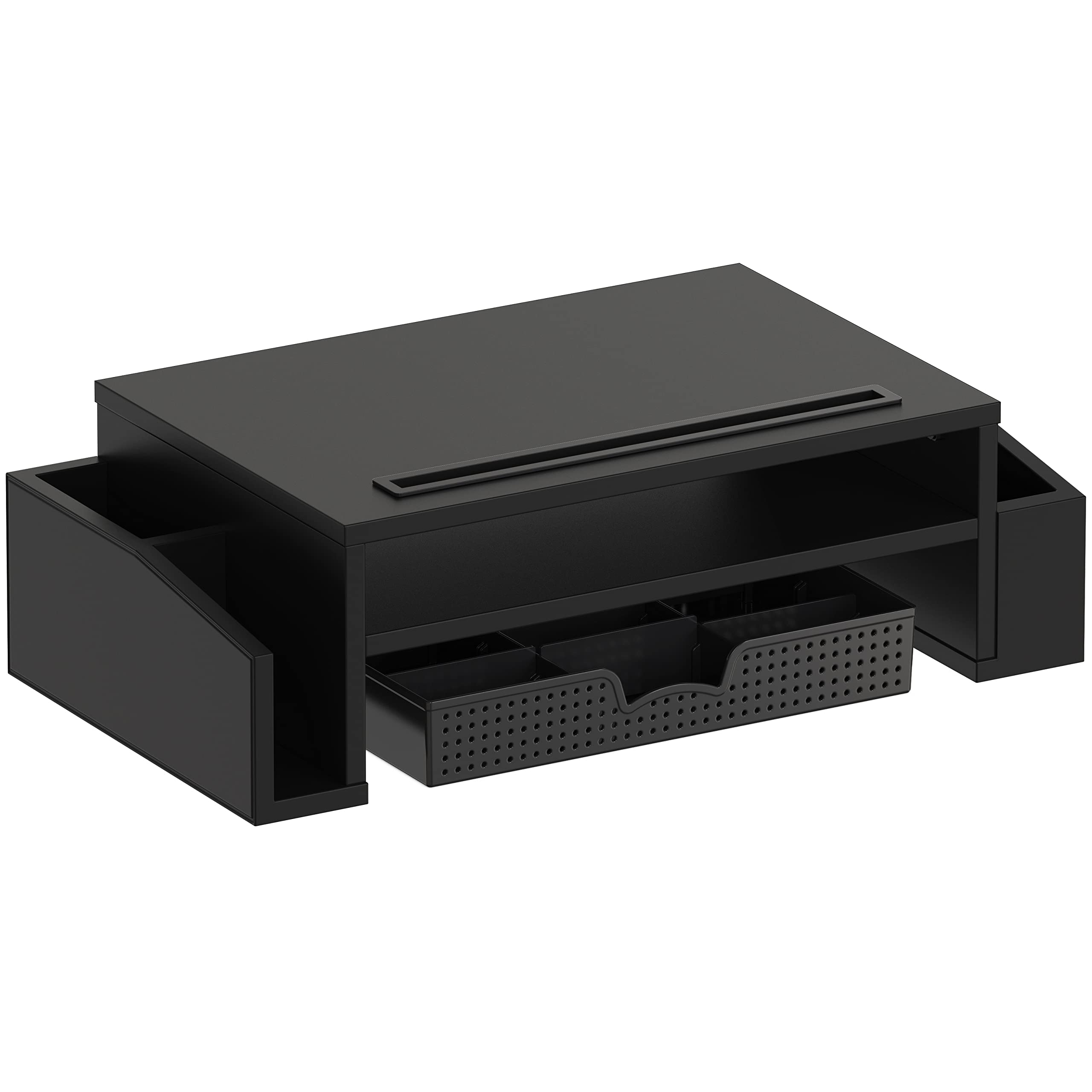 Adjustable Monitor Stand Riser with Organizer Tray - Ergonomic Laptop & Computer Screen Holder for Home Office, Gaming Setup - Black (Space Saving Desk Accessory)