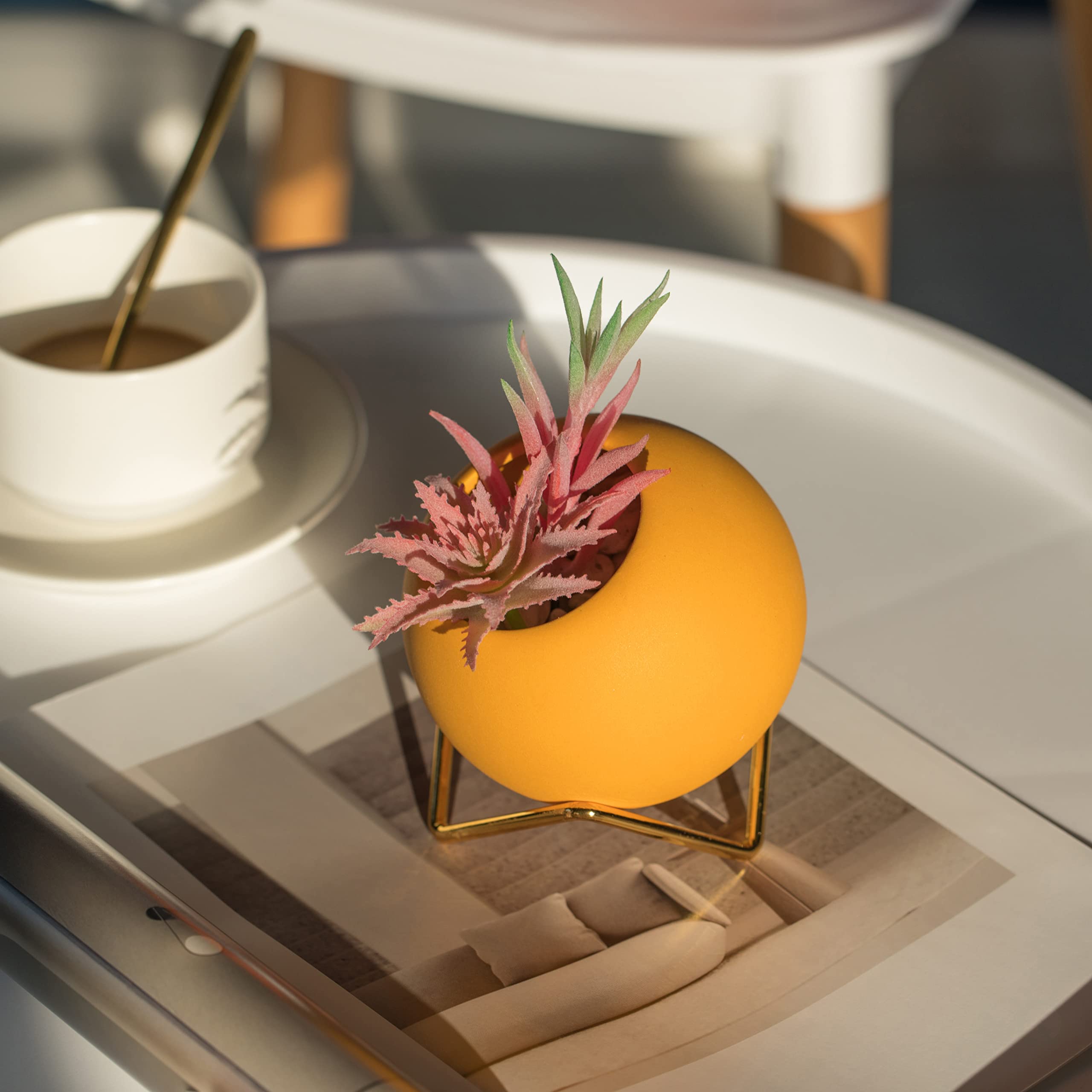 Modern Small Ceramic Flower Vase - Yellow Home Decor for Living Room, Office Desk, Dining Table & Entryway | Perfect for Fresh Flowers, Centerpieces & Interior Design Accents