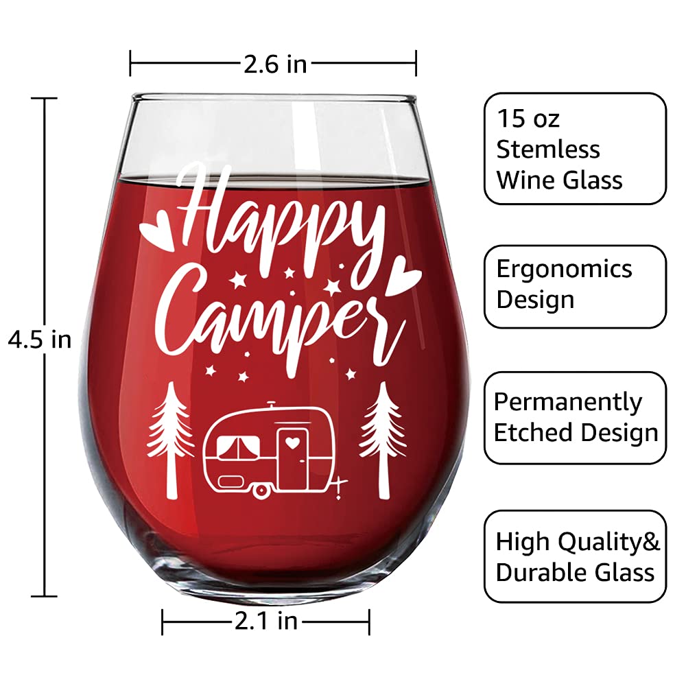 Happy Camper Funny Wine Glass - Birthday Gifts for Women, Sister & BFF - Cute Camping Gifts for Her - Glamping RV Kitchen Accessories - Perfect for Thanksgiving, Christmas & Graduation - Great for Outdoor Adventures, Girls' Night & Wine Tasting Parties