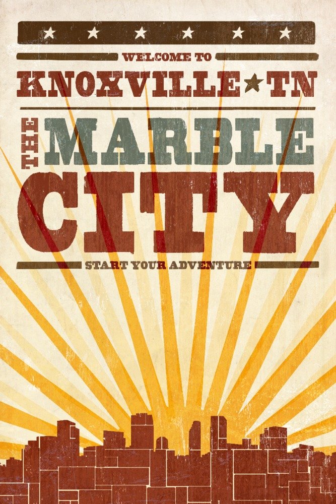 Knoxville Tennessee Skyline Wall Art Poster - 12x18 Sunburst Screenprint Style Decor for Living Room, Bedroom & Office