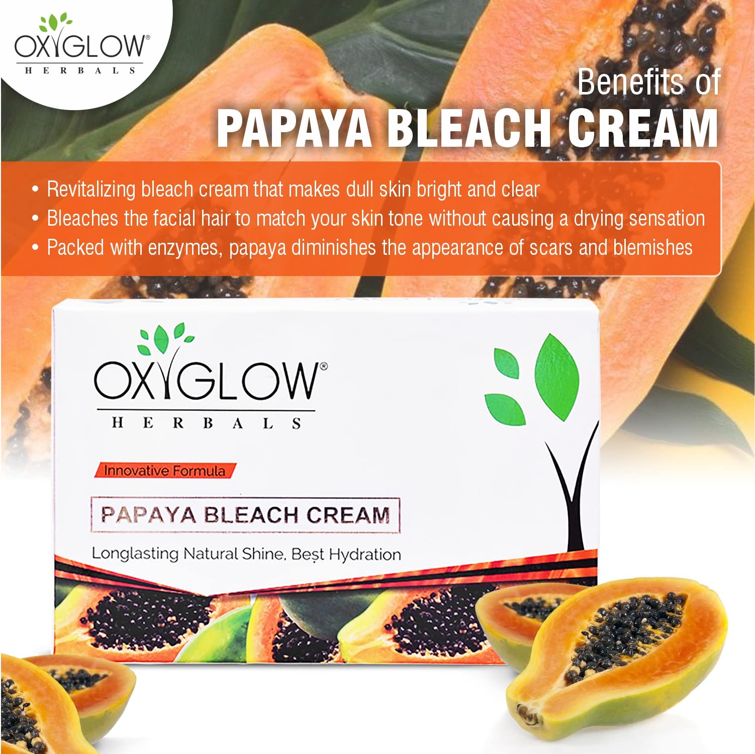 OxyGlow Herbals Papaya Bleach Cream - Skin Brightening & Exfoliating Treatment with Natural Papaya Extract, Hydrates & Rejuvenates Skin for Instant Glow - 50g (Pack of 2) | Perfect for Dark Spots, Uneven Skin Tone & Dull Skin Care Routine