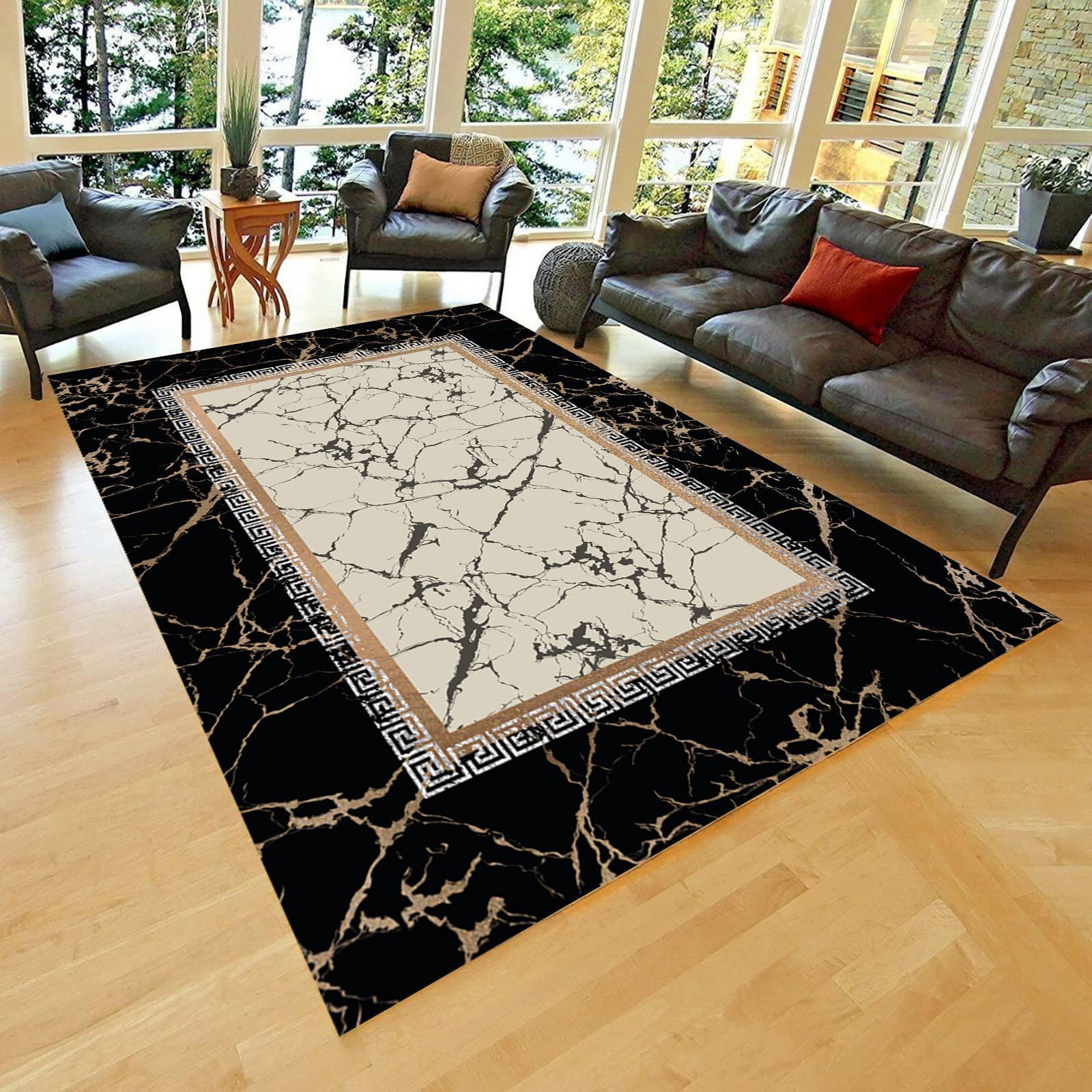 Boho Style Marble Print Area Rug - Non-Slip Floor Mat for Living Room, Dining Room, Bedroom & Kitchen - 4.5x6.5 Feet (55x79 Inches) - Soft & Durable Home Decor for Boho Chic, Farmhouse & Modern Interior Design