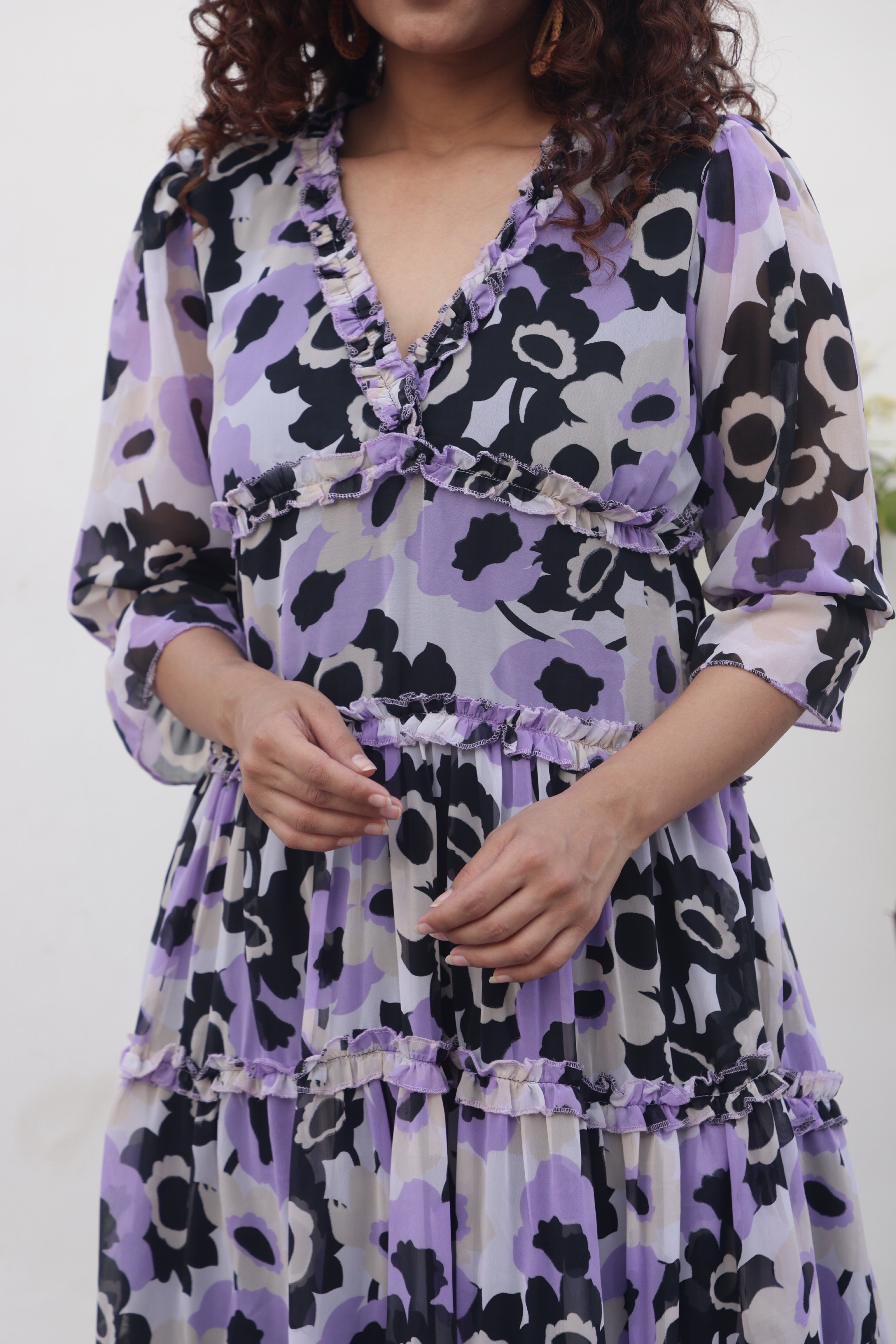 Lavender Floral Print Maxi Dress for Women - Summer Boho Beach Dress with Long Sleeves - Perfect for Vacation, Wedding Guest & Outdoor Parties