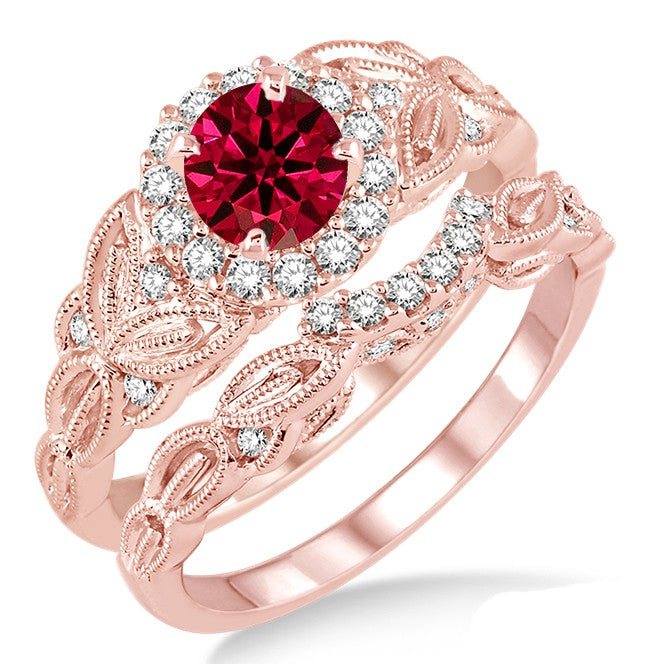 1.25 Carat Ruby Vintage Floral Bridal Set Engagement Ring in 10k Rose Gold for Wedding, Proposal & Anniversary Gifts