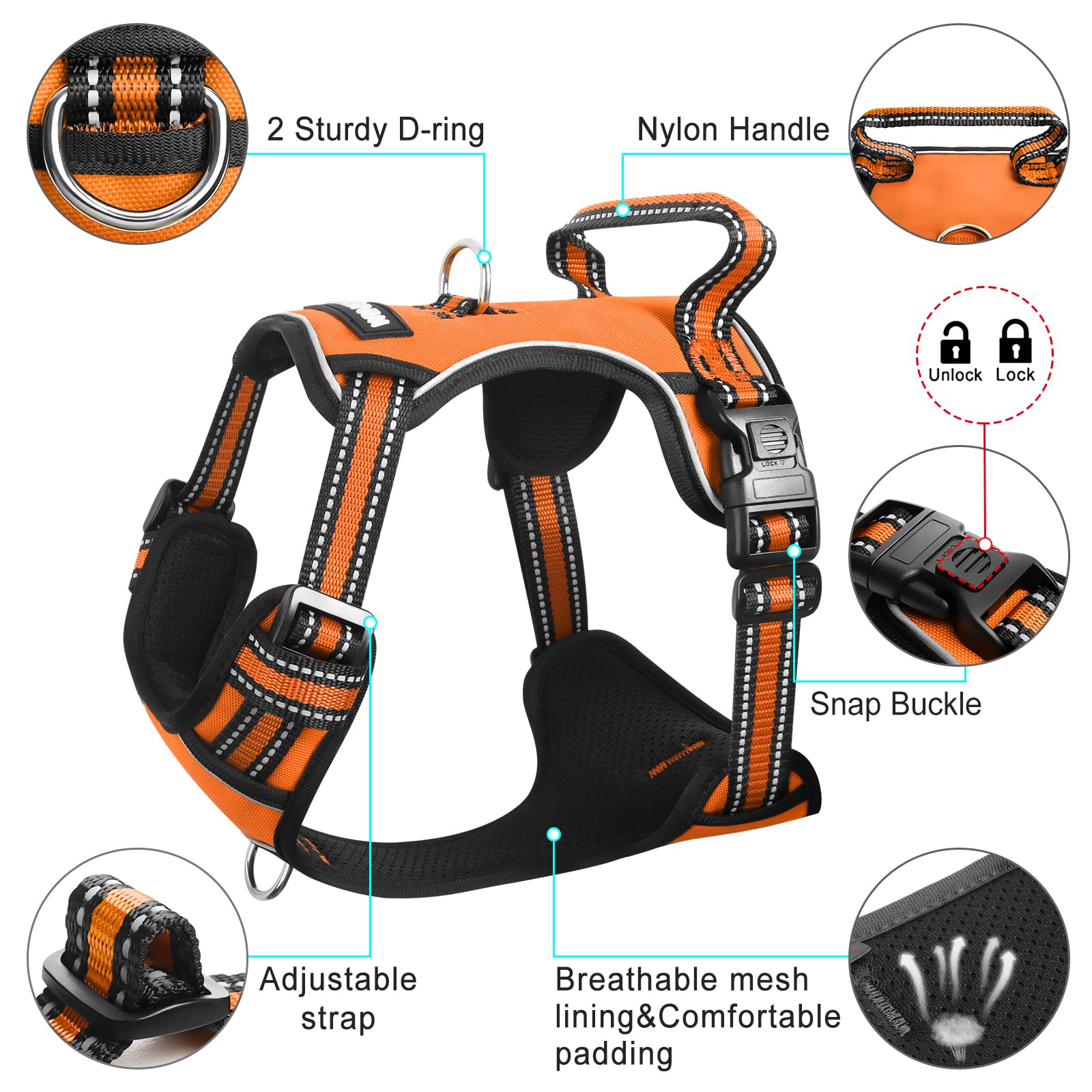 WINSEE No Pull Dog Harness with Collar - Adjustable Reflective Oxford Vest for Small Medium Large XL Dogs - Front & Back Leash Clips & Control Handle - Perfect for Walking, Hiking & Outdoor Adventures