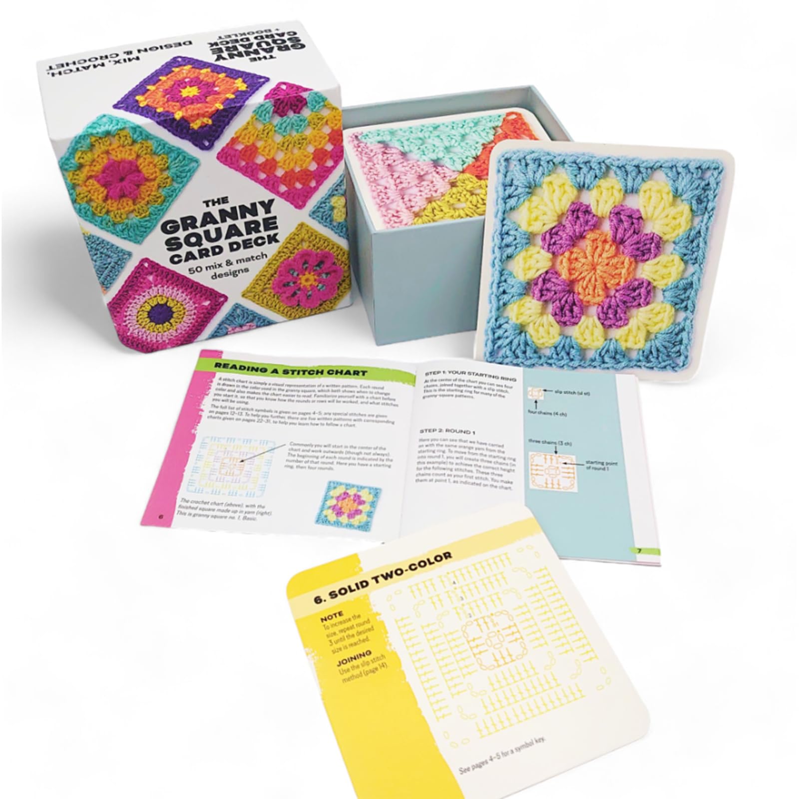 Podafu 50 Mix & Match Granny Square Knitting Patterns - Crochet Card Deck for Adults | DIY Knitting Kit for Blankets, Bags & Home Decor Projects