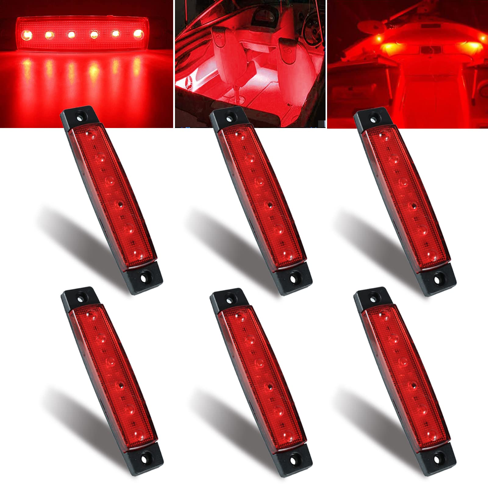 12V Waterproof LED Marine Boat Interior Lights - 6Pcs Red Strip Lights for Deck, Transom, Cockpit & Navigation on Fishing Pontoon, Sailboat, Kayak, Yacht | Perfect for Night Fishing & Safe Boating