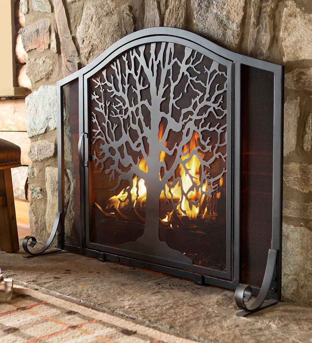 Plow & Hearth 44-Inch Black Metal Fireplace Screen with Tree of Life Design - 44