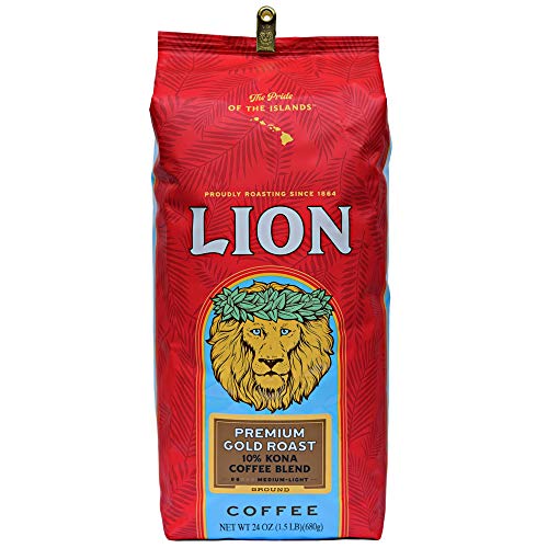 Premium Lion Coffee Gold Roast - 10% Kona Coffee Blend, Ground, 24oz Bag - Rich & Smooth Flavor for Home Brewing, Office Use & Gifts