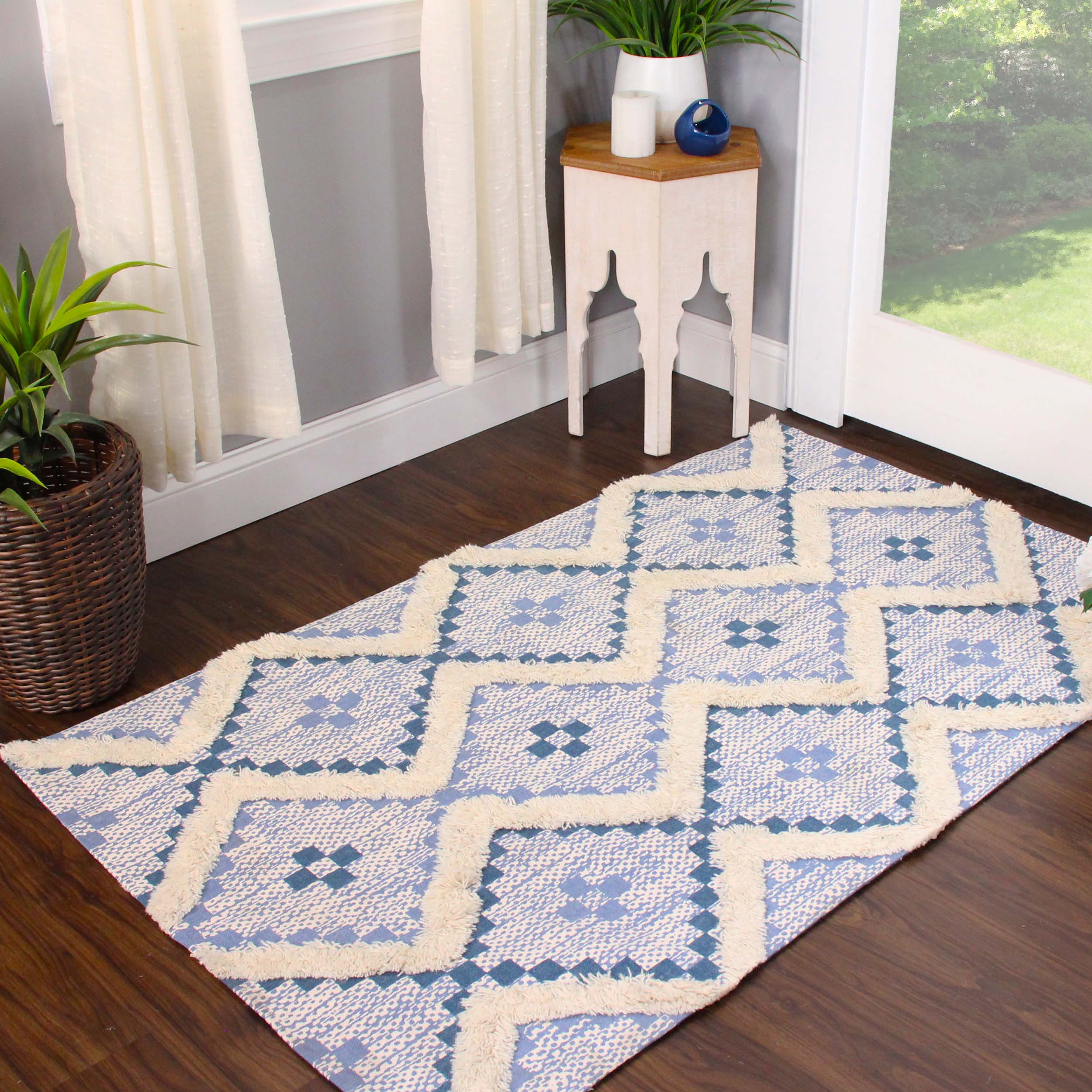 Hand Tufted Cotton Wool Geometric Farmhouse Area Rug - Soft Textured Boho Chic Rug for Living Room, Bedroom, Dining Room Decor