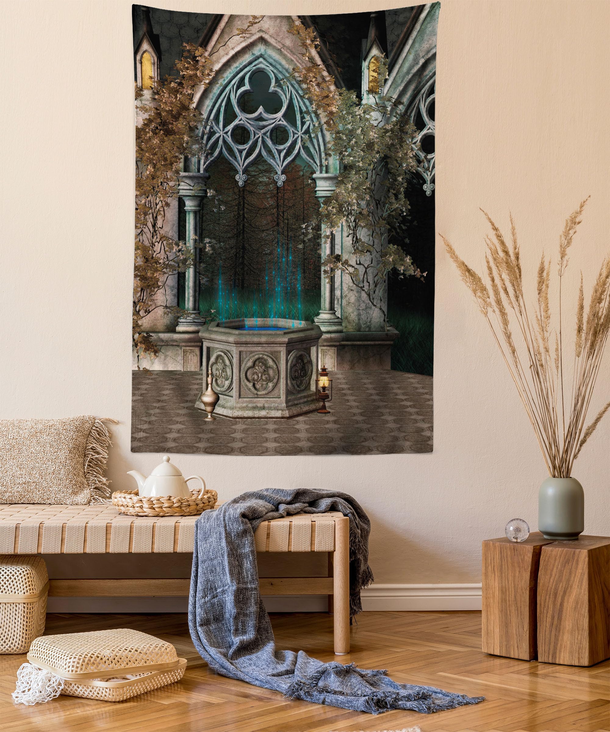 Ambesonne Gothic Tapestry - Enchanted Wishing Well Ivy Antique Forest Gateway Wall Art - 40x60 Inch Taupe Green Wall Hanging for Bedroom, Living Room, Dorm Decor - Perfect for Gothic Home Decor, Halloween Party & Fantasy Themed Rooms
